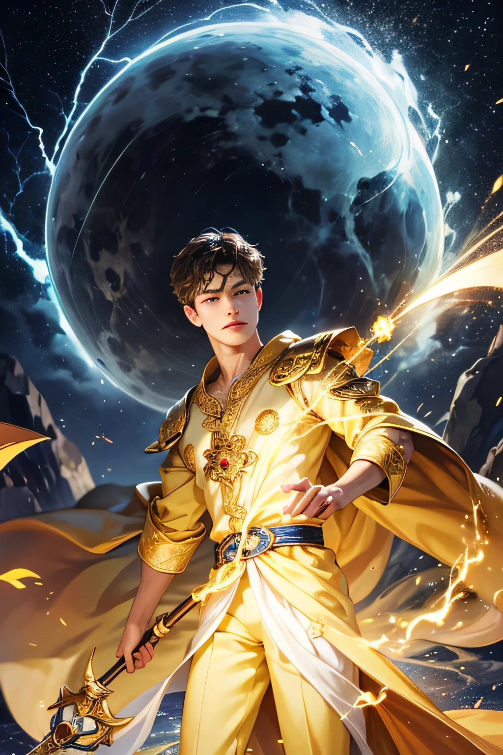 (masterpiece, high resolution, detailed:1.3), a mesmerizing depiction of a (strikingly handsome young man:1.2) donning (wearing transparent see-through futuristic clothes, bulge:1.2), standing against the backdrop of the vast and mysterious cosmos, breathtaking grandeur, LED internal lighting, cyberpunk style, fibre optic hair, glowing blue iris, muscular, best quality, masterpiece, His (toned physique:1.2) is bathed in the soft glow of distant stars, creating an otherworldly aura. As he gazes out into the depths of space, his (intense blue eyes:1.2) reflect the wonder and curiosity of his cosmic journey. The intricate details of his attire and the (subtle gleam:1.2) on his skin are meticulously captured, lending an air of realism to the scene. The celestial expanse behind him is a tapestry of (nebulous formations:1.2), (dazzling galaxies:1.2), and (shooting stars:1.2), a breathtaking testament to the beauty of the universe. This artwork melds the allure of a beautiful man with the awe-inspiring vastness of space, evoking a sense of both intimacy and grandeur. intricate details, dynamic pose, dynamic angle, (surreal), (illustration), ((oil painting \(medium\):1.2)), sharp focus, soft lighting, vibrant colors, cinematic photography, dynamic angle, volumetric lighting, film grain, hard shadows