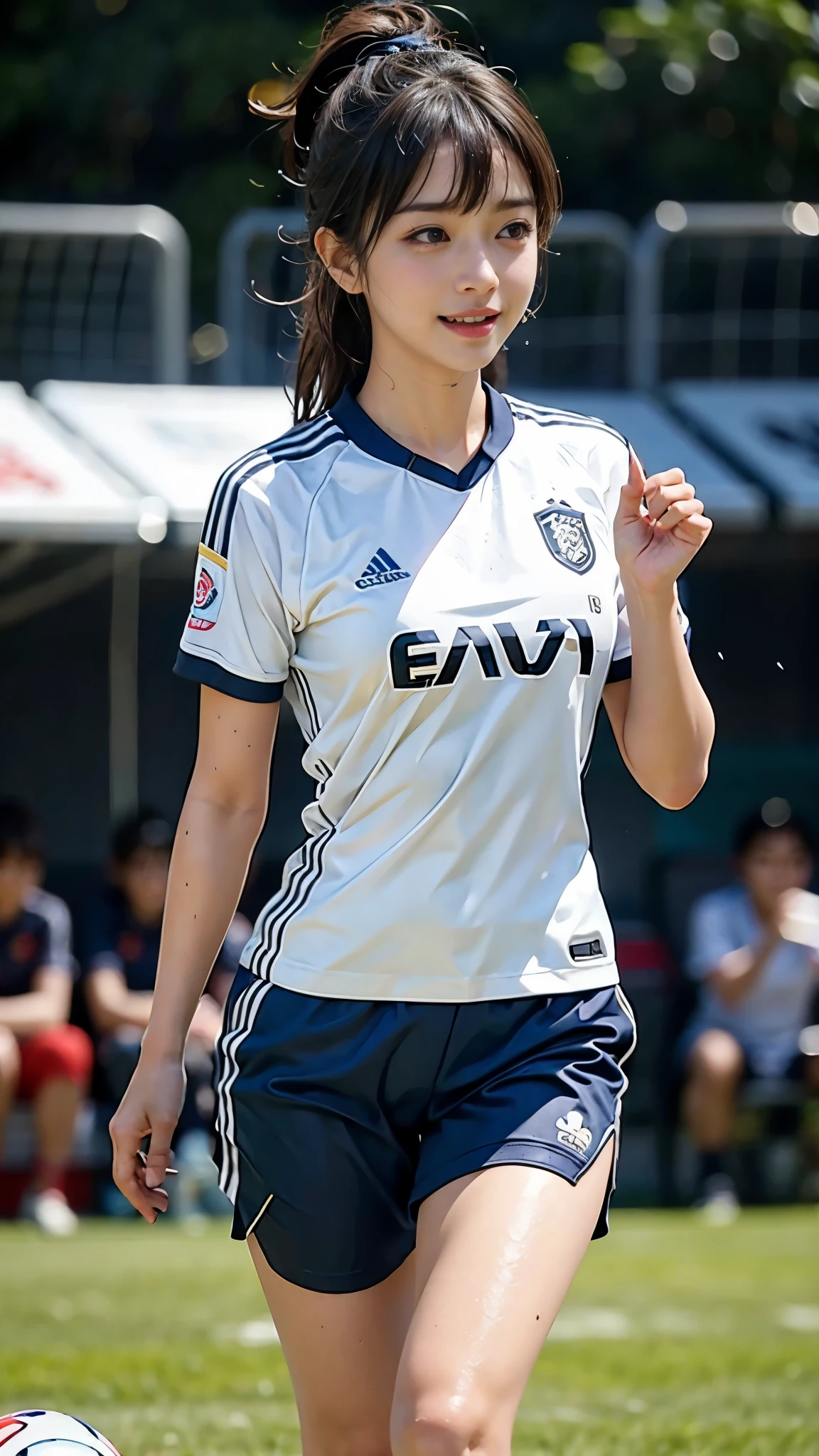 Highest quality, High resolution:1.2, Super detailed, Realistic:1.3, ((Beautiful woman))、((Ultra tight uniform))、Big Breasts、Vibrant colors, play soccer,((blunt bangs))、Has bangs、Wet Hair, Concentration, Splash, Action Shots, Grass blotches, Muddy ground, Wet turf, Decide, Fast-paced games, Athletic physique, Shiny soccer ball, Wet uniform, raindrop, Blurred motion, Focus on the ball, Intense competition, Skillful dribbling, Energetic play, Teamwork, powerful shoots, Wet pitch, Passionate sports, Fierce Decide, Humid atmosphere, Fluid movement, emotional expression、Dramatic lighting, Women's Sports, Avid athletes, Exciting Games, endure, Excited state, Speed and agility, Energetic play, 濡れたSplash、smile、