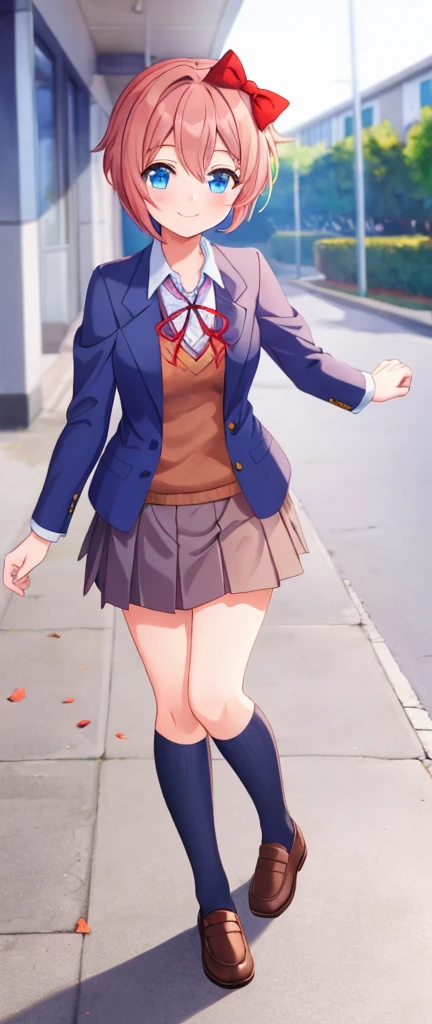 one girl, Sayori, DDLC, school blazer, hair bow, close to girl, too gentle, blue eyes, she is always smiling, full body