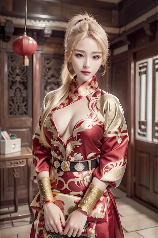 raw image, In an ancient Chinese house, realistic, best shadow, realistically, dark light, Full show, Full body view of the girl, high resolutionเป็นพิเศษ, Detailed nipple pattern, photo-realistic, Masterpiece, Page Details, Body details, finger details, Clothing details, Highest quality, ((high resolution)), 1 woman, ((beautiful girl)), alone, decorations, Bangle, ((Blonde Hair)), ((Slender face)), ((PonyTail)), ((red eyes)), decorationsที่ผมสีเงิน, dark brown eyeliner, put on makeup, red lips, ((Hanfu)), ((big breasts)), red shirt, black shirt, golden shirt edge, Golden dragon pattern set, Gold Earrings, Hair pins, Show your nipples, seductive pose,