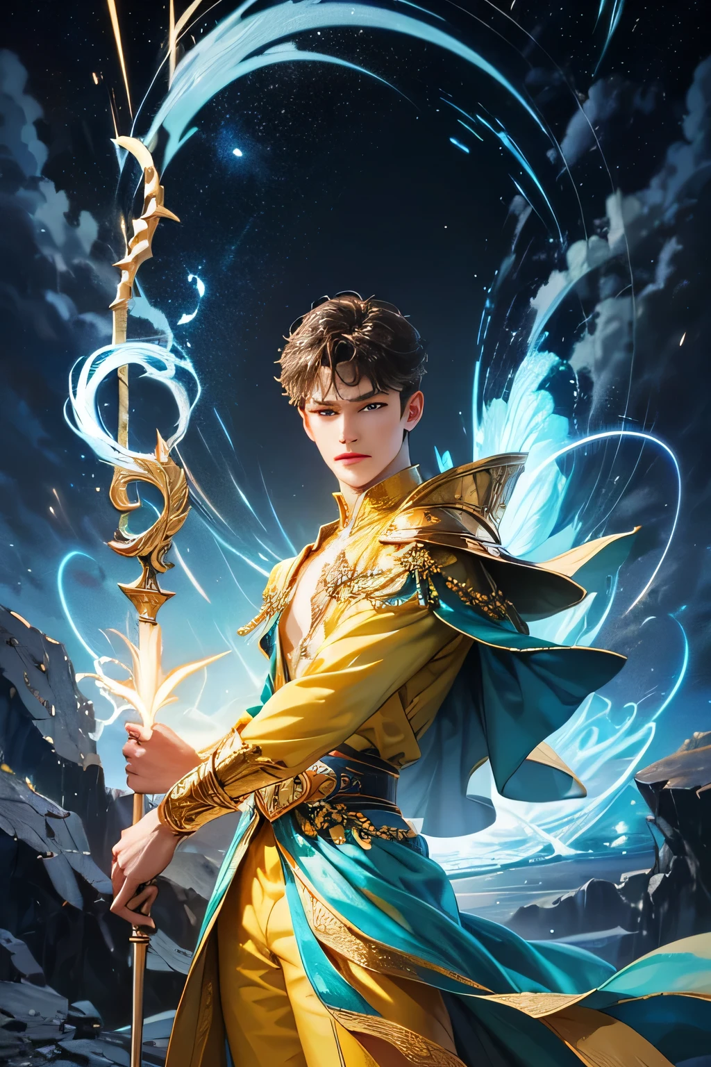 "Create an ultra-realistic image of a handsome, young male fairy, around 13 years old. He should be holding a magical staff that emanates the energy of the sky and crackling thunder. Dress him in an elegant, varied yellow outfit that reflects the brilliance and dynamism of the sky. Surround him with elements like swirling clouds and flashes of lightning to showcase his connection to these elements. Include a distinct sky or thunder symbol or design on his body, signifying his role as the keeper of the deep sky and thunder, and highlighting the powerful celestial energy he embodies within him."