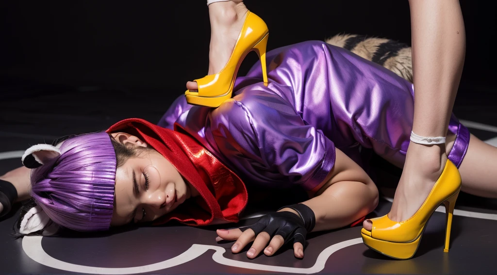 This image features a muscular, dark-skinned young man of African descent dressed in a vibrant raccoon costume. He is lying down with his eyes closed, showcasing his beautiful dark skin. His costume includes a glossy, latex-like purple outfit that appears wet and shimmers with iridescent colors, adding a striking, polished look to his appearance. He also wears a red scarf, a purple beanie hat with gray ears, and black face paint around his eyes and nose to mimic a raccoon mask. Black fingerless gloves complete his costume.Additionally, there is a pair of legs wearing bright yellow high-heeled shoes with white ankle socks. The glossy, latex-like finish of the shoes matches the wet and shimmering quality of the young man's outfit, creating a cohesive and visually appealing contrast. The yellow shoes stand on his back, further highlighting the shiny, iridescent textures and vibrant colors in the image.
