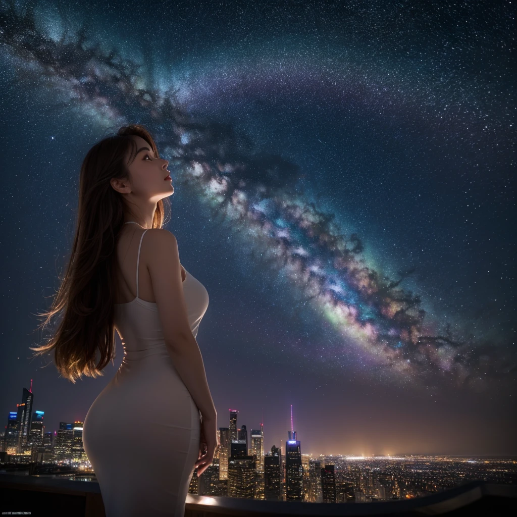Detailed portrait of a girl outdoors at night, Gazing at the Milky Way and the starry sky, Surrounded by the night cityscape with the silhouettes of buildings floating in the night sky, Long light brown hair. Wearing a long, revealing dress, Curved body (Highest quality, 4K, 8K, Highly detailed body, performer, landscape, Starry Night, Aurora Night, 1 Girl. Beautiful woman.