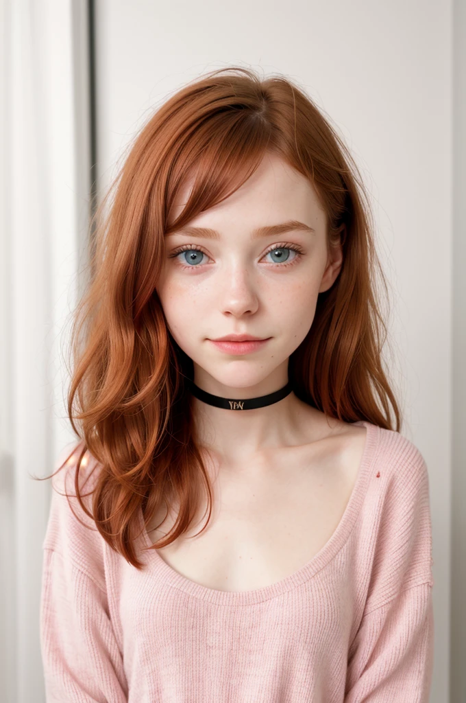 raw photo,close up, (16yo skinny redhead girl:1.2), ((childish body)) cheek dimples, blushing, graphic eyeliner, rouge, (lipstick:0.6), (choker:0.9), realistic skin texture, oversize knit sweater, (red:0.8), softcore, warm lighting, cosy atmosphere, instagram style, nsfw , naive, shy, short, thin, fit, beautiful, cute, pale skin