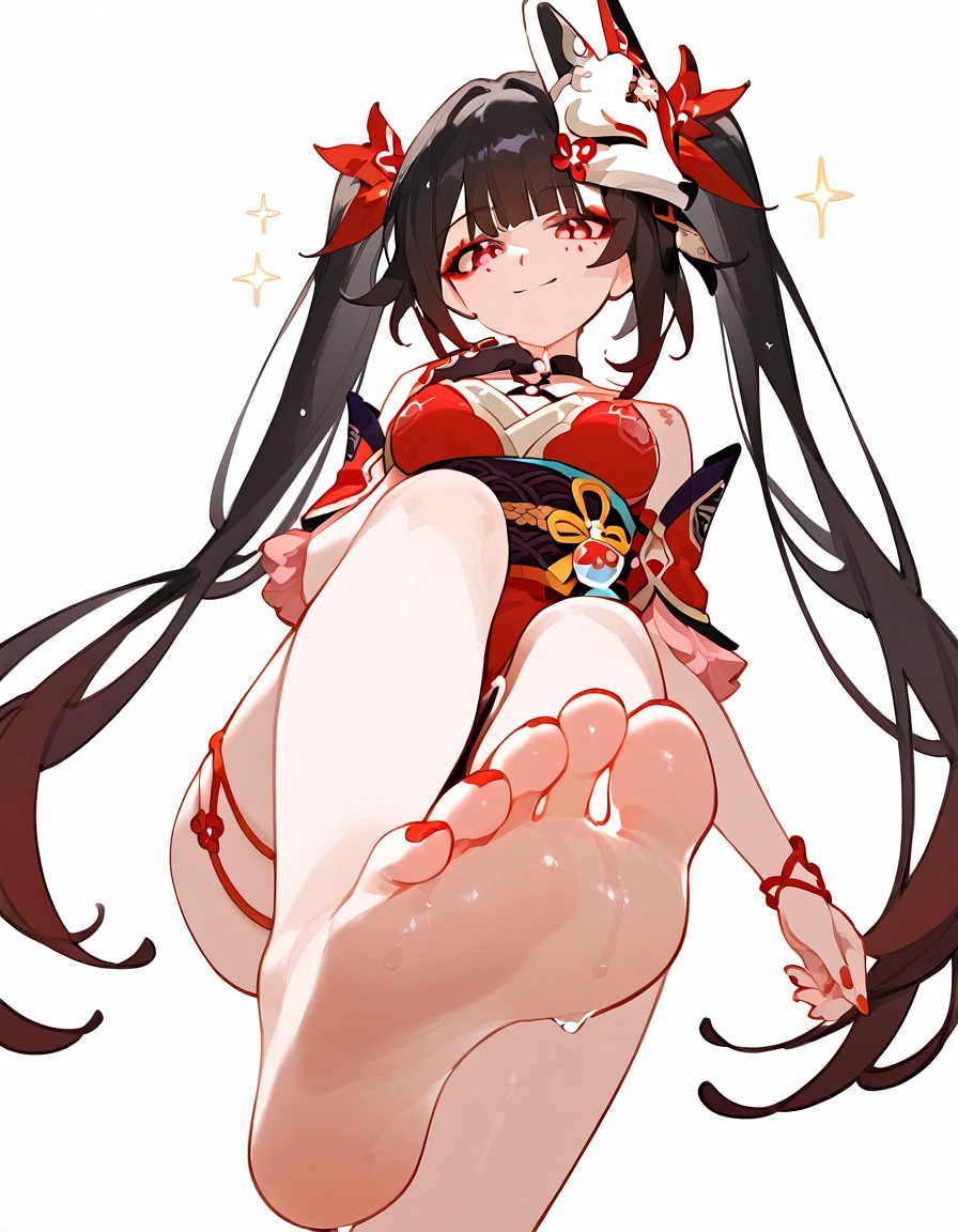 anime artwork, score_9, score_8_up, score_7_up, score_6_up, score_5_up, score_4_up,sparkle \(honkai: star rail\),1girl, twintails, black hair, medium breasts, red eyes, red eyeshadow, fox mask ,
, , , , she is 24 years old, , ,horny, , , , style_3, ,,, floox style, white background,, standing, dutch angle, from below, deep skin, foot focus, foot on viewer, evil smile, naughty face,
presenting foot ,wet foots