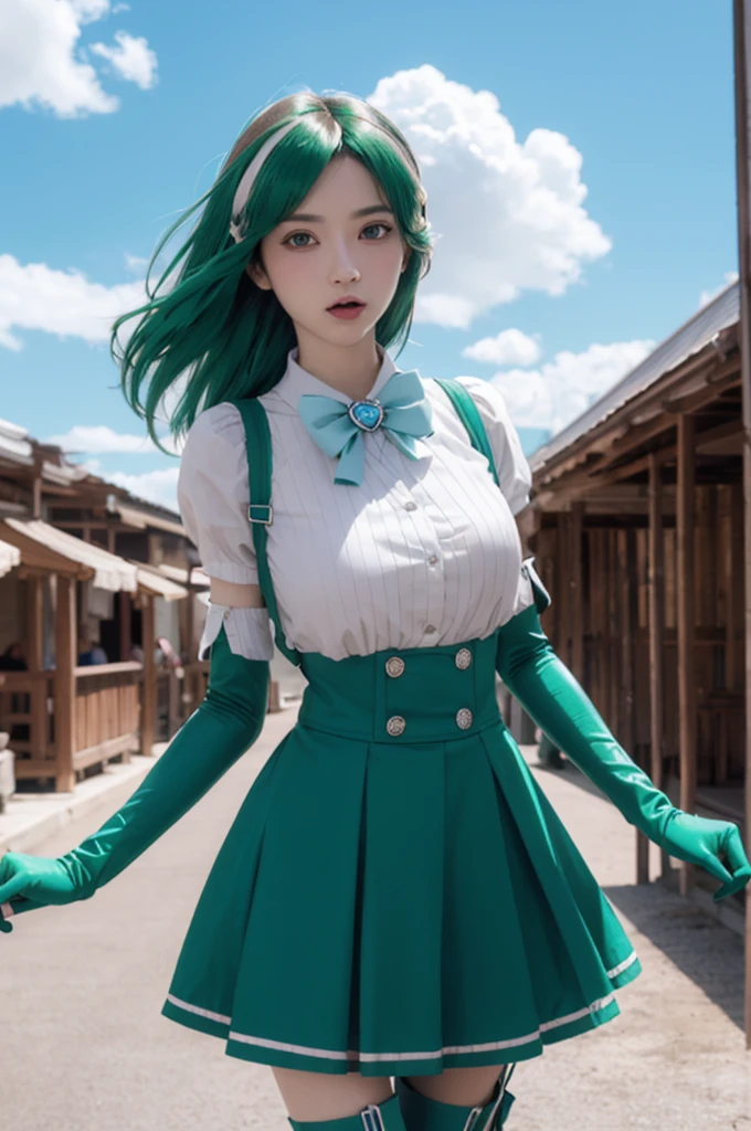 sayominakami, sayo minakami, long hair, (brown eyes:1.5), bow, hair bow, (green hair:1.5), ((Standing, making a 'stuck out tongue' face)),
BREAK skirt, gloves, boots, elbow gloves, magical girl, blue gloves, large breasts, 
BREAK outdoors, city, sky, sun, clouds,
BREAK looking at viewer, (cowboy shot:1.5),
BREAK (masterpiece:1.2), best quality, high resolution, unity 8k wallpaper, (illustration:0.8), (beautiful detailed eyes:1.6), extremely detailed face, perfect lighting, extremely detailed CG, (perfect hands, perfect anatomy), 1girl,,  