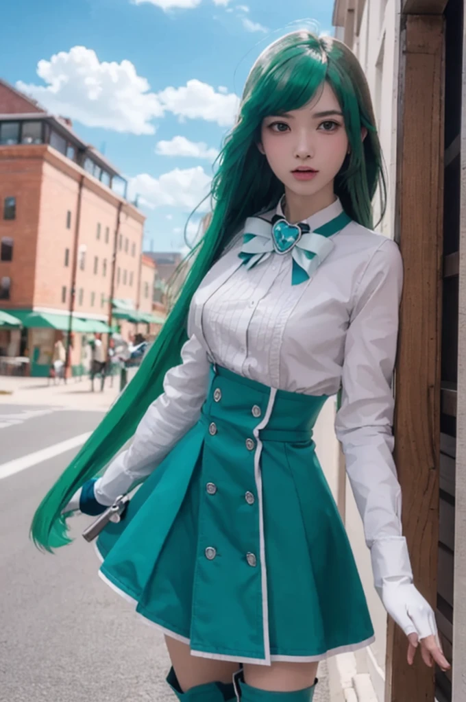 sayominakami, sayo minakami, long hair, (brown eyes:1.5), bow, hair bow, (green hair:1.5), ((Standing, making a 'stuck out tongue' face)),
BREAK skirt, gloves, boots, elbow gloves, magical girl, blue gloves, large breasts, 
BREAK outdoors, city, sky, sun, clouds,
BREAK looking at viewer, (cowboy shot:1.5),
BREAK (masterpiece:1.2), best quality, high resolution, unity 8k wallpaper, (illustration:0.8), (beautiful detailed eyes:1.6), extremely detailed face, perfect lighting, extremely detailed CG, (perfect hands, perfect anatomy), 1girl,,  