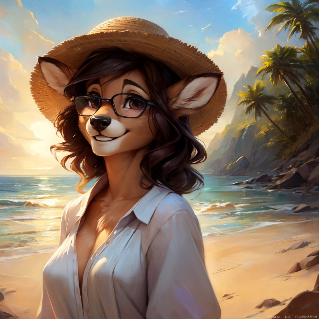 uploaded on e621, by Pixelsketcher, by Bayard Wu, by Thomas Benjamin Kennington , by Einshelm, by hioshiru and kenket, Chunie, portrait, solo anthro female deer doe, with small featureless breasts, clear dark blue, cinematic lighting, day, sunny day, beach, stays in the sea, sea background, mediterranean background, horizon background, shiny, short curly dark brown hair, wears big black nerd glasses, very very beautiful furry art, furry art, smiling, joyful, shiny, happy, feminine, cute face, muzzle, fluffy chest, flawless face, Fallow deer, 1girl, Sakimichan is beautiful, Masterpiece, Wavethesallow Face, shiny, Detailed image, portrait, Detailed image, portrait, full body, wearing wide, long, white blouse, wearing big and wide beige summer straw hat, shiny, realistic face, perfect anatomy, hourglass body, (furry body:1.1), anthropomorphic deer, looks at the viewer, small fluffy tail, detailed background, (cute anatomy:1.1), windy, smiling, very happy, happy