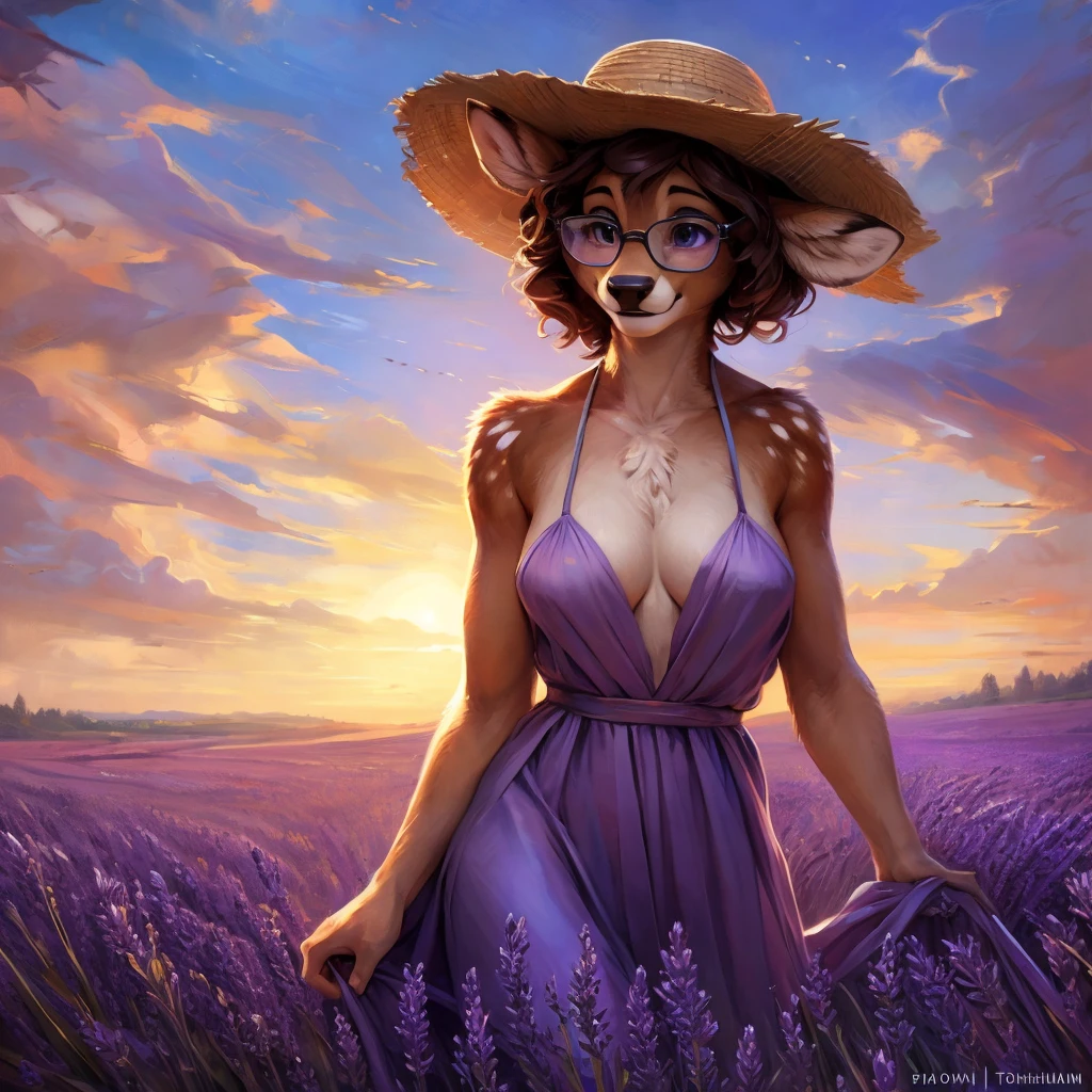 uploaded on e621, by Pixelsketcher, by Bayard Wu, by Thomas Benjamin Kennington , by Einshelm, by hioshiru and kenket, Chunie, portrait, solo anthro female deer doe, with small featureless breasts, clear dark blue, cinematic lighting, day, sunny day, lavender field, stays in a lavender field, lavender field background, mediterranean background, horizon background, shiny, short curly dark brown hair, wears big black nerd glasses, very very beautiful furry art, furry art, smiling, joyful, shiny, happy, feminine, cute face, muzzle, fluffy chest, flawless face, Fallow deer, 1girl, Sakimichan is beautiful, Masterpiece, Wavethesallow Face, shiny, Detailed image, portrait, Detailed image, portrait, full body, wearing pure white and wide spaghetti straps dress, wearing big and wide beige summer straw hat, shiny, realistic face, perfect anatomy, hourglass body, (furry body:1.1), anthropomorphic deer, looks at the viewer, small fluffy tail, detailed background, (cute anatomy:1.1), stands in a lavender field
