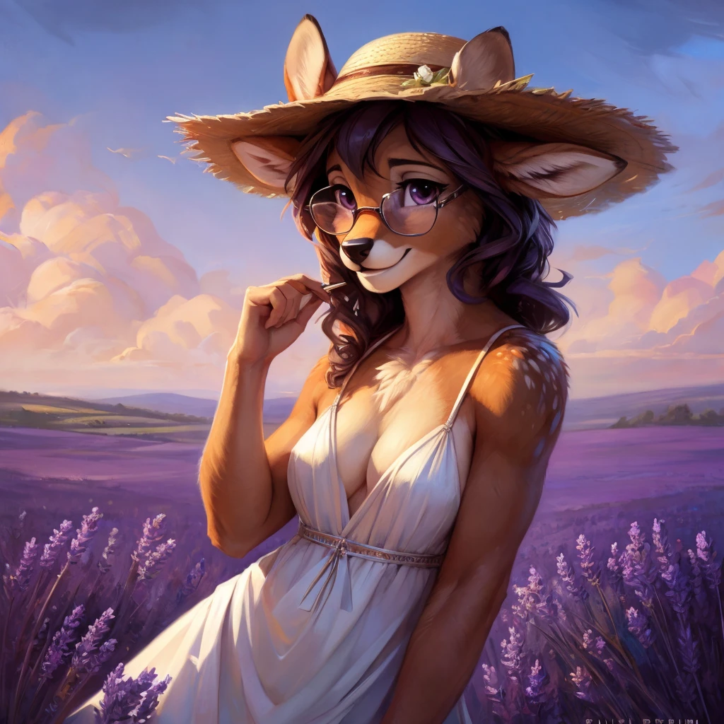 uploaded on e621, by Pixelsketcher, by Bayard Wu, by Thomas Benjamin Kennington , by Einshelm, by hioshiru and kenket, Chunie, portrait, solo anthro female deer doe, with small featureless breasts, clear dark blue, cinematic lighting, day, sunny day, lavender field, stays in a lavender field, lavender field background, mediterranean background, horizon background, shiny, short curly dark brown hair, wears big black nerd glasses, very very beautiful furry art, furry art, smiling, joyful, shiny, happy, feminine, cute face, muzzle, fluffy chest, flawless face, Fallow deer, 1girl, Sakimichan is beautiful, Masterpiece, Wavethesallow Face, shiny, Detailed image, portrait, Detailed image, portrait, full body, wearing pure white and wide spaghetti straps dress, wearing big and wide beige summer straw hat, shiny, realistic face, perfect anatomy, hourglass body, (furry body:1.1), anthropomorphic deer, looks at the viewer, small fluffy tail, detailed background, (cute anatomy:1.1), stands in a lavender field