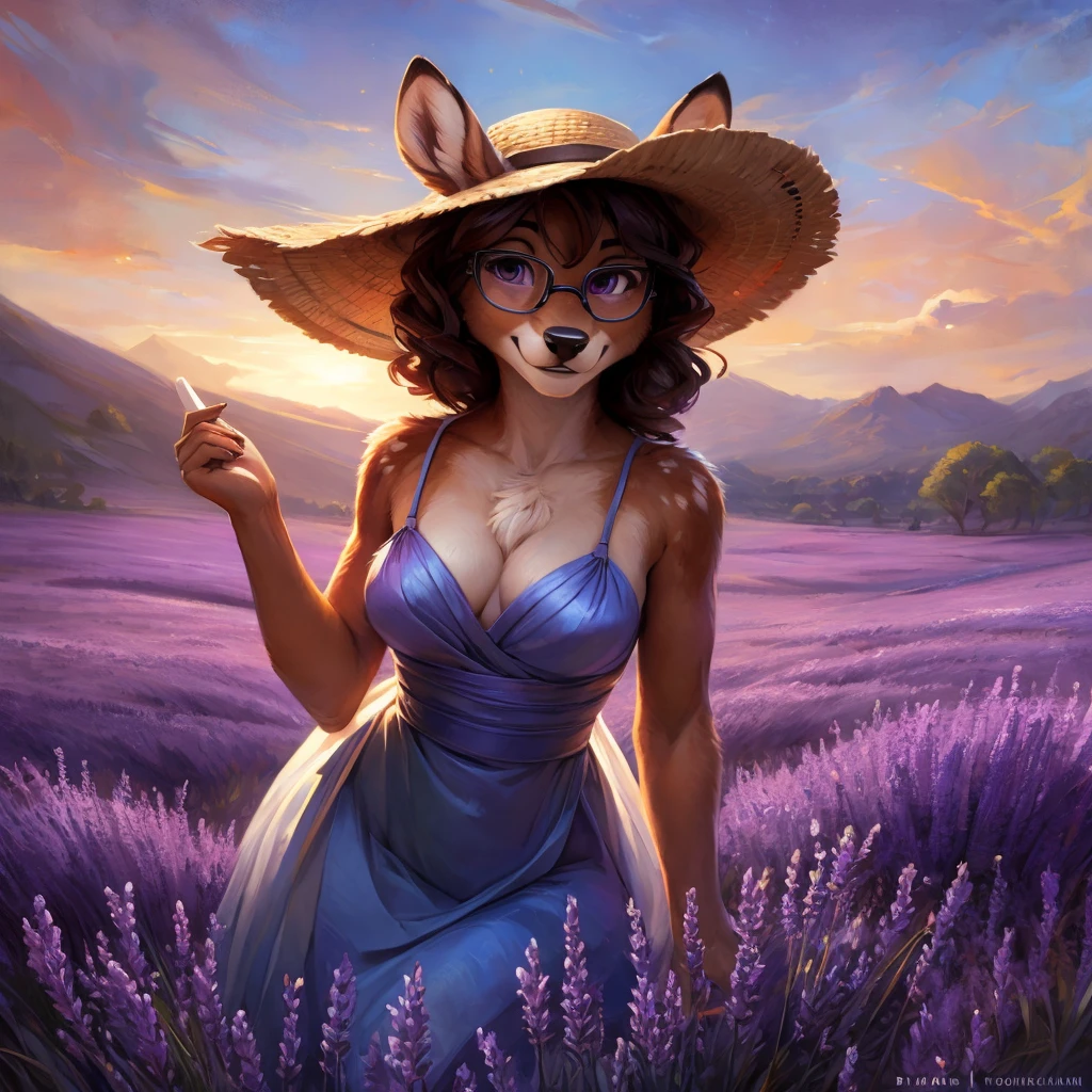 uploaded on e621, by Pixelsketcher, by Bayard Wu, by Thomas Benjamin Kennington , by Einshelm, by hioshiru and kenket, Chunie, portrait, solo anthro female deer doe, with small featureless breasts, clear dark blue, cinematic lighting, day, sunny day, lavender field, stays in a lavender field, lavender field background, mediterranean background, horizon background, shiny, short curly dark brown hair, wears big black nerd glasses, very very beautiful furry art, furry art, smiling, joyful, shiny, happy, feminine, cute face, muzzle, fluffy chest, flawless face, Fallow deer, 1girl, Sakimichan is beautiful, Masterpiece, Wavethesallow Face, shiny, Detailed image, portrait, Detailed image, portrait, full body, wearing pure white and wide spaghetti straps dress, wearing big and wide beige summer straw hat, shiny, realistic face, perfect anatomy, hourglass body, (furry body:1.1), anthropomorphic deer, looks at the viewer, small fluffy tail, detailed background, (cute anatomy:1.1), stands in a lavender field