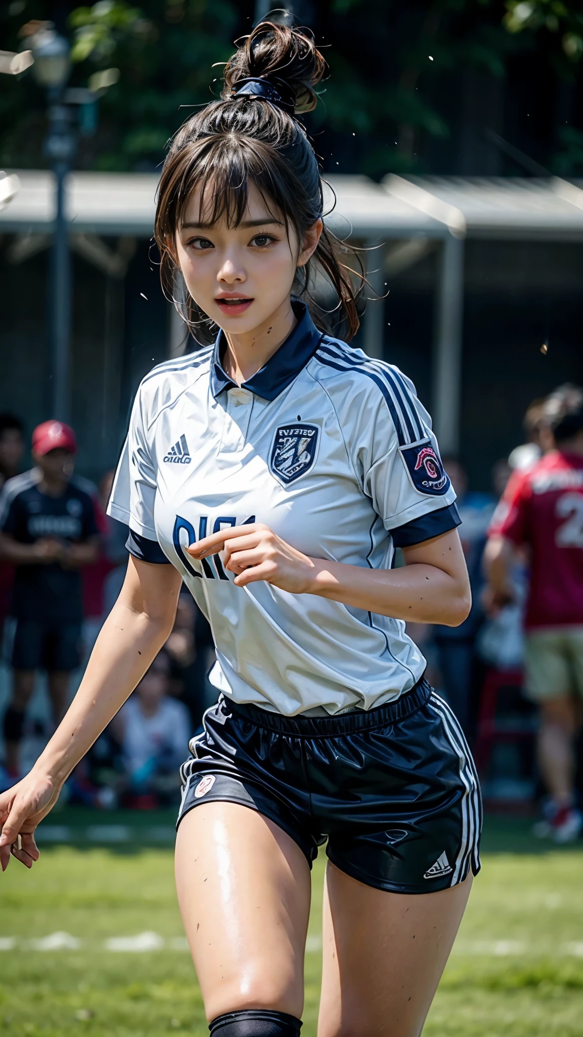 Highest quality, High resolution:1.2, Super detailed, Realistic:1.3, ((Beautiful woman))、((Ultra tight uniform))、Big Breasts、Vibrant colors, play soccer,((blunt bangs))、Has bangs、Wet Hair, Concentration, Splash, Action Shots, Grass blotches, Muddy ground, Wet turf, Decide, Fast-paced games, Athletic physique, Shiny soccer ball, Wet uniform, raindrop, Blurred motion, Focus on the ball, Intense competition, Skillful dribbling, Energetic play, Teamwork, powerful shoots, Wet pitch, Passionate sports, Fierce Decide, Humid atmosphere, Fluid movement, emotional expression、Dramatic lighting, Women's Sports, Avid athletes, Exciting Games, endure, Excited state, Speed and agility, Energetic play, 濡れたSplash、smile、