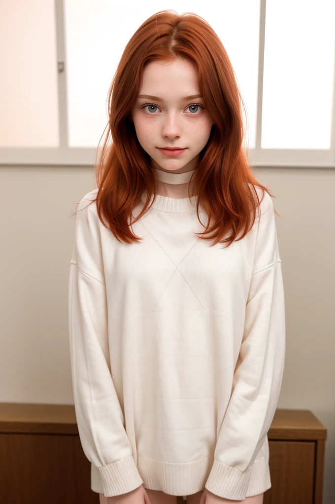 raw photo,close up, (16yo skinny redhead girl:1.2), cheek dimples, blushing, graphic eyeliner, rouge, (lipstick:0.6), (choker:0.9), realistic skin texture, oversize knit sweater, (red:0.8), softcore, warm lighting, cosy atmosphere, instagram style, nsfw , naive, shy, short, thin, fit, beautiful, cute, pale skin