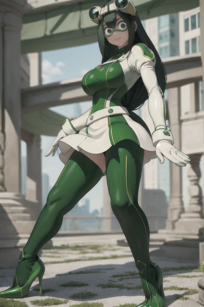 (masterpiece, best quality;1.3), extremely detailed ,ultra detailed, 1girl, solo,  looking at viewer,detailed skin,  crawling, full body, standing, asui tsuyu, low-tied long hair, :p,white gloves, green bodysuit, hair rings,goggles, city, extra large breasts, visible feet, stiletto high heels