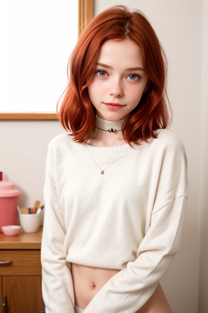 raw photo,close up, (16yo skinny redhead girl:1.2), cheek dimples, blushing, graphic eyeliner, rouge, (lipstick:0.6), (choker:0.9), realistic skin texture, oversize knit sweater, (red:0.8), softcore, warm lighting, cosy atmosphere, instagram style, nsfw , naive, shy, short, thin, fit, beautiful, cute, pale skin