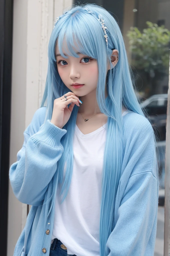 Light blue hair、long hair、Fashionable clothes