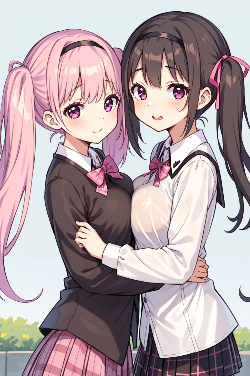 2girls, akemi homura, alternate breast size, black hair, day, bow, breast press, hair ribbon, hairband, long hair, looking at viewer, mitakihara , multiple girls, pink eyes, pink hair, plaid, plaid skirt, purple eyes, ribbon, short hair, short twintails, skirt, symmetrical docking, twintails, white background, (((yuri,outdoors,潰れた大きい胸))),NSFW