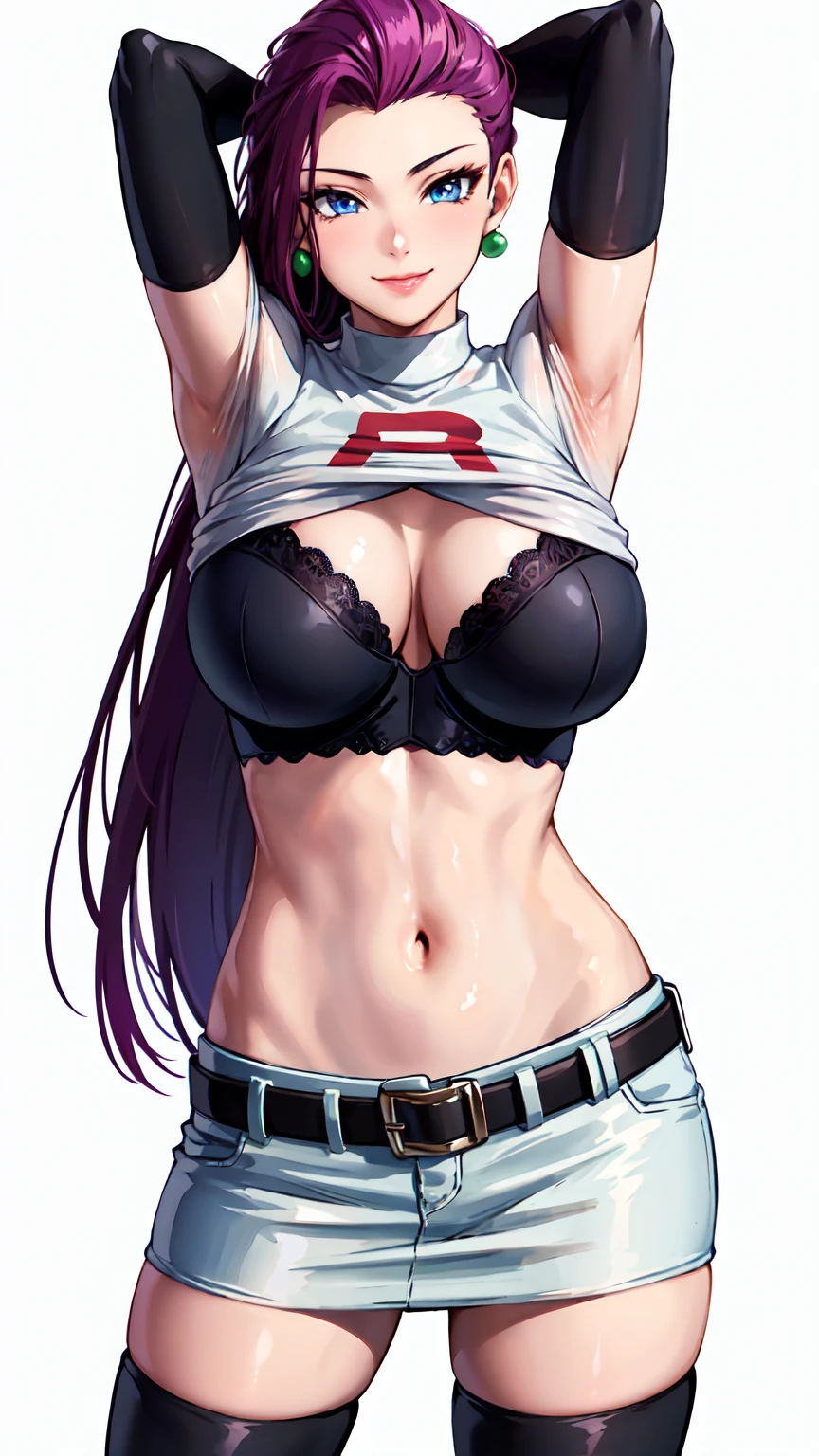 Masterpiece, stunning realistic, best quality, sharpness, 1 girl ,jessie pokemon, solo, team rocket, gloves, hair slicked back, long hair, jewelry, skirt, navel, thighhighs, earrings, elbow gloves, team rocket uniform, crop top, blue eyes, midriff, white background, belt, black gloves, very long hair, simple background, smile, black thighhighs, purple hair, looking at viewer, breasts, white skirt, miniskirt,large breasts,standing in a city,arms behind head ,shirt lift and pants pull concept,(shirt lift:1),cute bra