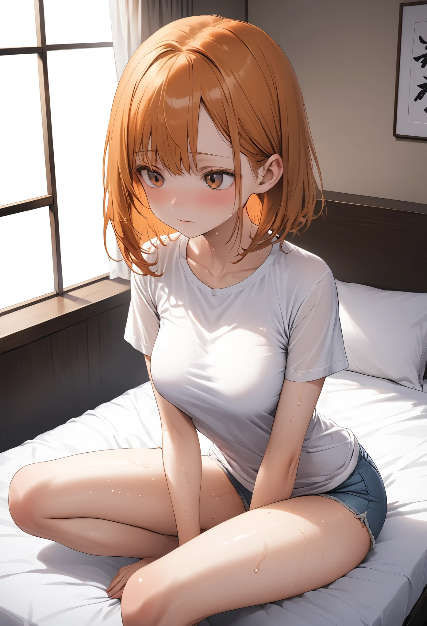 ((masterpiece,Highest quality:1.3,best quality illustration)),cowboy shot,1woman,16-year-old Japan beauty,((very small head:1.4)),short bob hair,bangs,(orange hair),brown eyes,gorgeous eyes,shy,Heavy breathing、medium breasts,((very long body)),(White loungewear T-shirt、Light grey micro shorts),(toned body,slender body,skinny),gleaming skin,shiny skin,oily skin,sweat,Wet crotch、sitting,spread legs,Simple bed、Simple bedroom,simple hotel、Tokyo