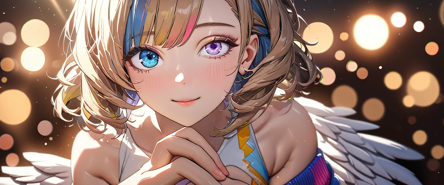 ((angel, big big white wings:1.3, halo:1.3)), hand on own face, (((cowboy shot))), ((flying)), archangel Uriel, ((wavy hair, outward curled hair)), evening, Sunset, ((blond hair, bob cut:1.3)), breasts, teenager, (looking at viewer), oversized clothes, puffy long sleeves, collarbone, ((off-shoulder sweater dress:1.3, Quite thick shoulder straps)), (((sleeves past wrists:1.3))), ((white sweater)), collarbone, head tilt:1.3, (((blue eyes))), ((happy smile)), (((anime style))), (best quality, 4K, 8K, highres, masterpiece:1.2, ultra-detailed, ultra-detailed eyes, HDR, uhd, studio lighting, ultra-fine painting, sharp focus, physically-based rendering, extreme detail description, professional, vivid colors, bokeh), ((Highest quality, Best image quality, Ultra-high resolution, Ultra-high resolution, solo, Strong eye highlights)), Depth of written boundary, Natural soft light, attractive, Beautiful Face, Cleanliness, Pure Face, medium chest, Beautiful Face, Perfect Fingers, Perfect hands, Perfect body, Perfect Face, Shine a light into your eyes, Perfect Anatomy