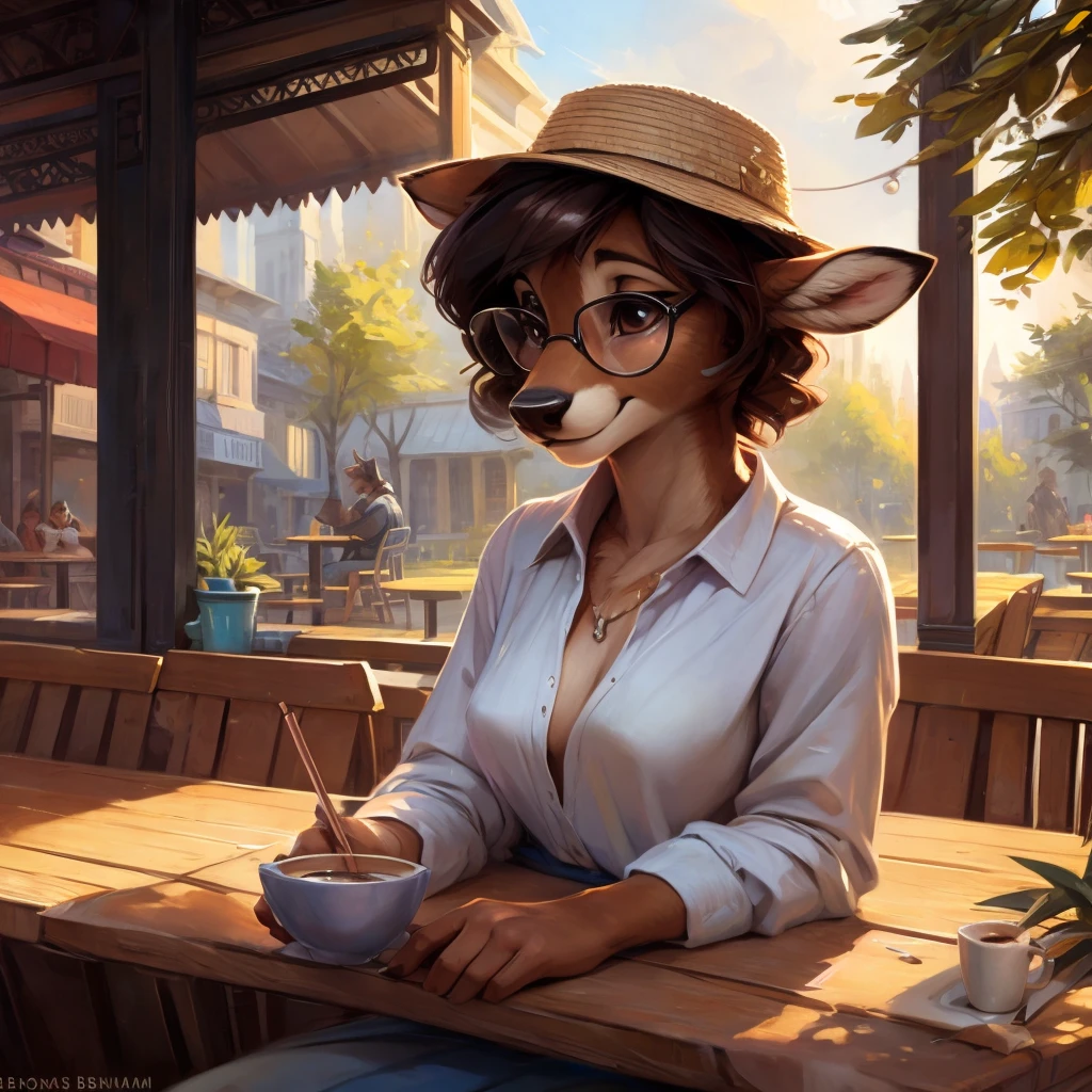 uploaded on e621, by Pixelsketcher, by Bayard Wu, by Thomas Benjamin Kennington , by Einshelm, by hioshiru and kenket, Chunie, portrait, solo anthro female deer doe, tiny featureless breasts, tiny breasts, clear dark blue, cinematic lighting, day, sunny day, sitting outside at a café, café background, french background, old french background, shiny, short curly dark brown hair, short hair, wears big black nerd glasses, very very beautiful furry art, furry art, thoughtful, shiny, feminine, cute face, muzzle, fluffy chest, flawless face, Fallow deer, 1girl, Sakimichan is beautiful, Masterpiece, Wavethesallow Face, shiny, Detailed image, portrait, Detailed image, portrait, wears pure white wide, big blouse, wears beige summer straw hat, shiny, realistic face, perfect anatomy, hourglass body, anthropomorphic deer, happy, very happy, small ears, huge black nerd glasses, wide happy eyes, look at viewer, smiles, big smile, holds big cup of coffee, hourglass body, (furry body:1.1), anthropomorphic deer, small fluffy tail, detailed background, (cute anatomy:1.1), looks into the distance