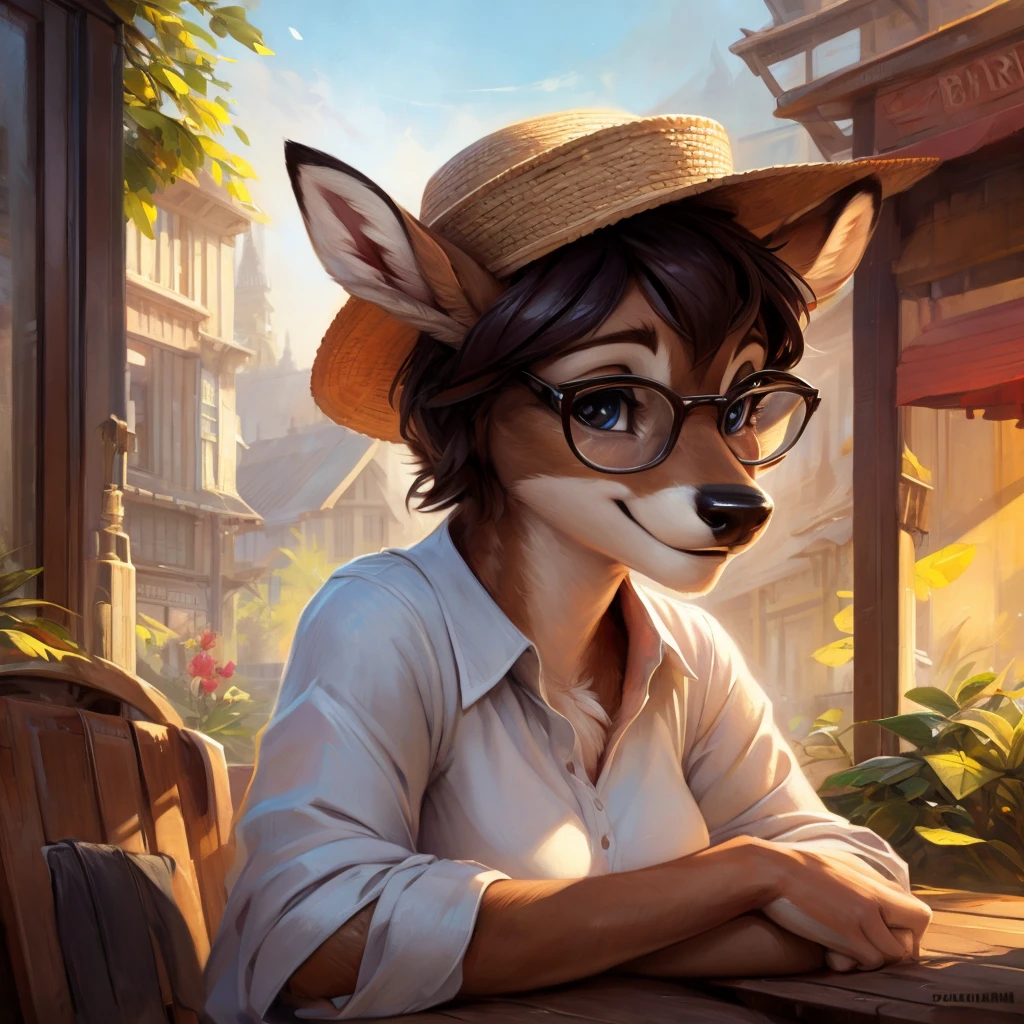 uploaded on e621, by Pixelsketcher, by Bayard Wu, by Thomas Benjamin Kennington , by Einshelm, by hioshiru and kenket, Chunie, portrait, solo anthro female deer doe, tiny featureless breasts, tiny breasts, clear dark blue, cinematic lighting, day, sunny day, sitting outside at a café, café background, french background, old french background, shiny, short curly dark brown hair, short hair, wears big black nerd glasses, very very beautiful furry art, furry art, thoughtful, shiny, feminine, cute face, muzzle, fluffy chest, flawless face, Fallow deer, 1girl, Sakimichan is beautiful, Masterpiece, Wavethesallow Face, shiny, Detailed image, portrait, Detailed image, portrait, wears pure white wide, big blouse, wears beige summer straw hat, shiny, realistic face, perfect anatomy, hourglass body, anthropomorphic deer, happy, very happy, small ears, huge black nerd glasses, wide happy eyes, look at viewer, smiles, big smile, holds big cup of coffee, hourglass body, (furry body:1.1), anthropomorphic deer, small fluffy tail, detailed background, (cute anatomy:1.1), looks into the distance
