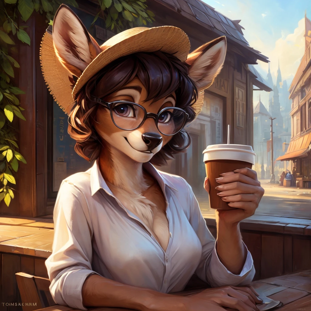uploaded on e621, by Pixelsketcher, by Bayard Wu, by Thomas Benjamin Kennington , by Einshelm, by hioshiru and kenket, Chunie, portrait, solo anthro female deer doe, tiny featureless breasts, tiny breasts, clear dark blue, cinematic lighting, day, sunny day, sitting outside at a café, café background, french background, old french background, shiny, short curly dark brown hair, short hair, wears big black nerd glasses, very very beautiful furry art, furry art, thoughtful, shiny, feminine, cute face, muzzle, fluffy chest, flawless face, Fallow deer, 1girl, Sakimichan is beautiful, Masterpiece, Wavethesallow Face, shiny, Detailed image, portrait, Detailed image, portrait, wears pure white wide, big blouse, wears beige summer straw hat, shiny, realistic face, perfect anatomy, hourglass body, anthropomorphic deer, happy, very happy, small ears, huge black nerd glasses, wide happy eyes, look at viewer, smiles, big smile, holds big cup of coffee, hourglass body, (furry body:1.1), anthropomorphic deer, small fluffy tail, detailed background, (cute anatomy:1.1), looks into the distance