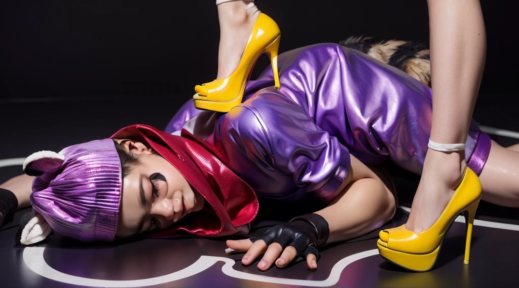 This image features a muscular, dark-skinned young man of African descent dressed in a vibrant raccoon costume. He is lying down with his eyes closed, showcasing his beautiful dark skin. His costume includes a glossy, latex-like purple outfit that appears wet and shimmers with iridescent colors, adding a striking, polished look to his appearance. He also wears a red scarf, a purple beanie hat with gray ears, and black face paint around his eyes and nose to mimic a raccoon mask. Black fingerless gloves complete his costume.Additionally, there is a pair of legs wearing bright yellow high-heeled shoes with white ankle socks. The glossy, latex-like finish of the shoes matches the wet and shimmering quality of the young man's outfit, creating a cohesive and visually appealing contrast. The yellow shoes stand on his back, further highlighting the shiny, iridescent textures and vibrant colors in the image.