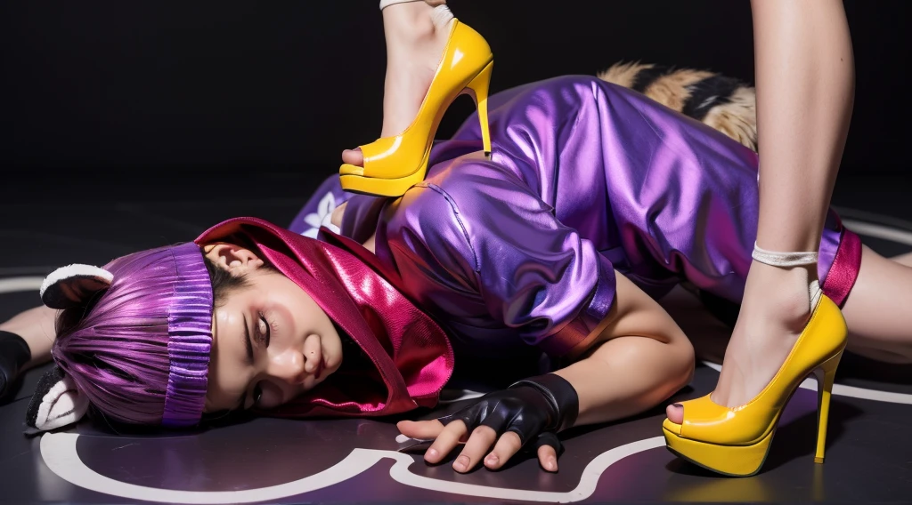 This image features a muscular, dark-skinned young man of African descent dressed in a vibrant raccoon costume. He is lying down with his eyes closed, showcasing his beautiful dark skin. His costume includes a glossy, latex-like purple outfit that appears wet and shimmers with iridescent colors, adding a striking, polished look to his appearance. He also wears a red scarf, a purple beanie hat with gray ears, and black face paint around his eyes and nose to mimic a raccoon mask. Black fingerless gloves complete his costume.Additionally, there is a pair of legs wearing bright yellow high-heeled shoes with white ankle socks. The glossy, latex-like finish of the shoes matches the wet and shimmering quality of the young man's outfit, creating a cohesive and visually appealing contrast. The yellow shoes stand on his back, further highlighting the shiny, iridescent textures and vibrant colors in the image.