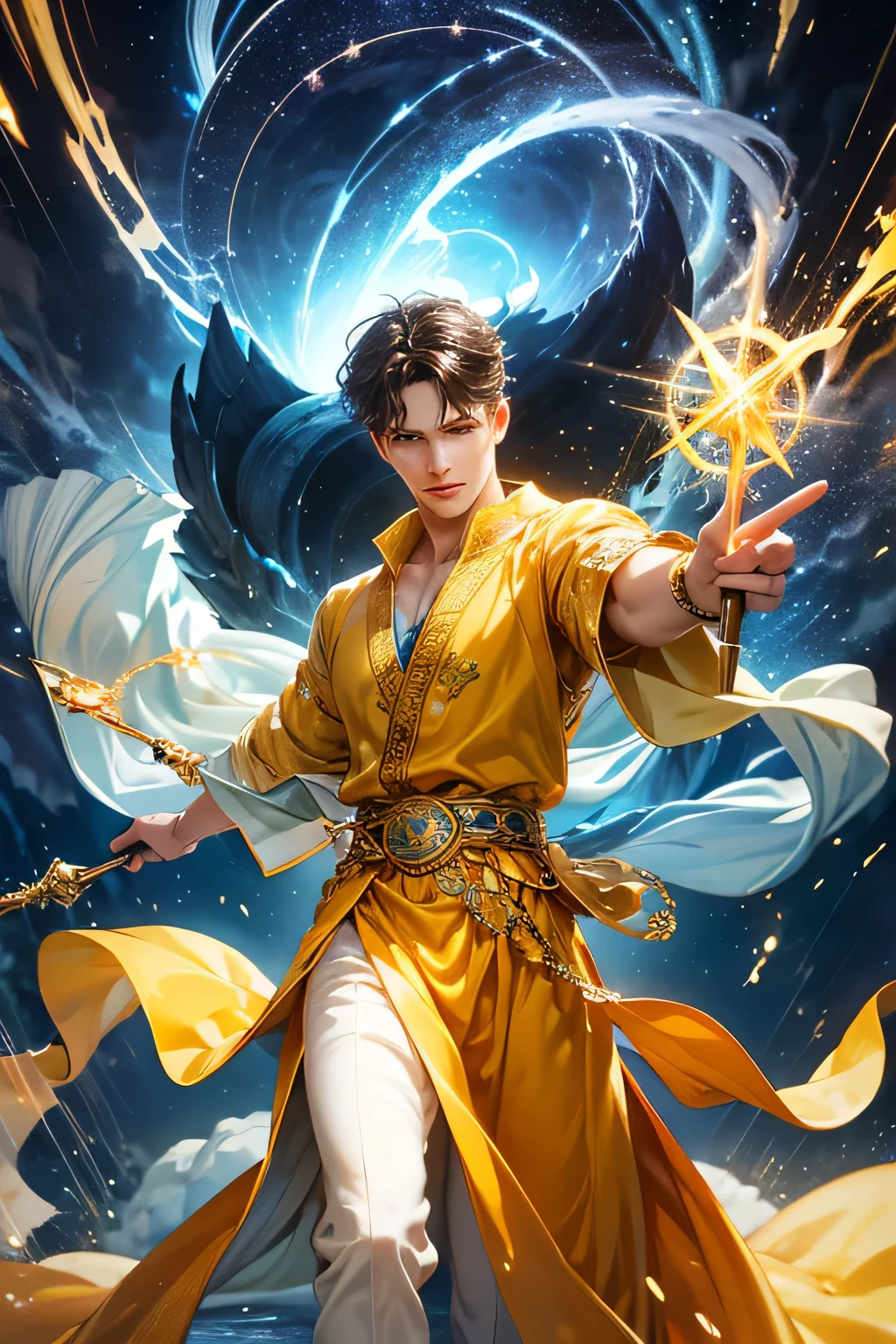 "Create an ultra-realistic image of a handsome, young male fairy, around 43 years old. He should be holding a magical staff that emanates the energy of the sky and crackling thunder. Dress him in an elegant, varied yellow outfit that reflects the brilliance and dynamism of the sky. Surround him with elements like swirling clouds and flashes of lightning to showcase his connection to these elements. Include a distinct sky or thunder symbol or design on his body, signifying his role as the keeper of the deep sky and thunder, and highlighting the powerful celestial energy he embodies within him."