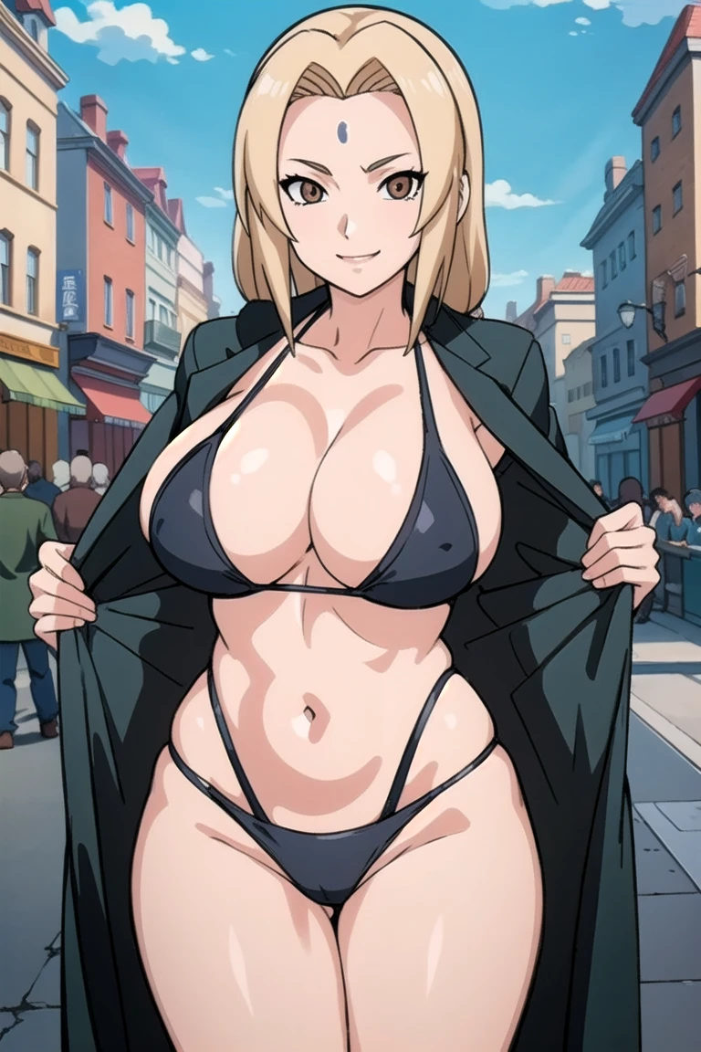 tsunade, brown eyes , blonde hair , forehead mark
BREAK (((coat , flashing , flashing ))), lingerie , navel , exibitionism , huge brease hips , milf body ,(rowded public , everyone looking))) , smile
BREAK outdoors, city, sky, sun, clouds,
BREAK looking at viewer, (cowboy shot:1.5),
BREAK (masterpiece:1.2), innocent eyes , beautiful face