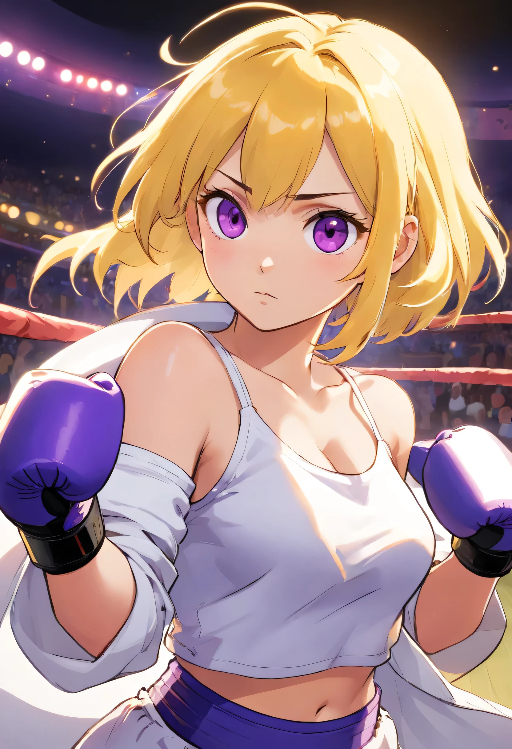 an athletic girl, flat chest, yellow hair, short messy hair, purple eyes, wearing a white MMA outfit and an off-shoulder jacket, shoulders exposed, punk, tough and aggressive, boxing wraps around hands