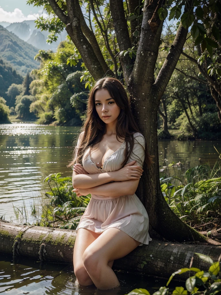 "A surreal and whimsical digital illustration of a young woman resting peacefully on a tree branch, hugged by a pink crocodile. The scene is set in a dense forest with a calm lake and mountains in the background. The lighting is very nice, soft and beautiful, with green leaves framing the top of the image. The style should be very detailed and photorealistic, combining fantasy with nature."