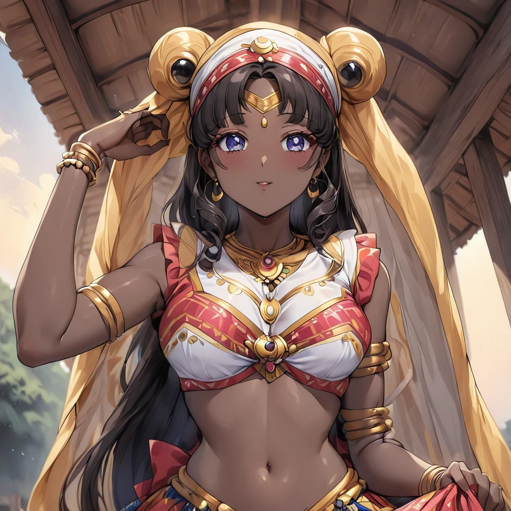 ((Highest quality)), ((masterpiece)), (detailed), (Perfect Face)、The woman is a Ghanaian born Tsukino Usagi with a vivid dark skin, black by birth, and is wearing a colorful Ghanaian dress from a Ghanaian village, a colorful turban head scarf, gorgeous jeweled accessories, and an engagement ring.、The woman is the elegant Tsukino Usagi, with short, black afro-like hair and natural curls, wearing a colorful Ghanaian dress and a colorful turban headscarf, with vivid dark brown skin, and is a natural black and Ghanaian by birth.、(The woman is a black Ghanaian with vivid dark brown skin.)、The woman is spending time with other village girls in her village in Ghana.