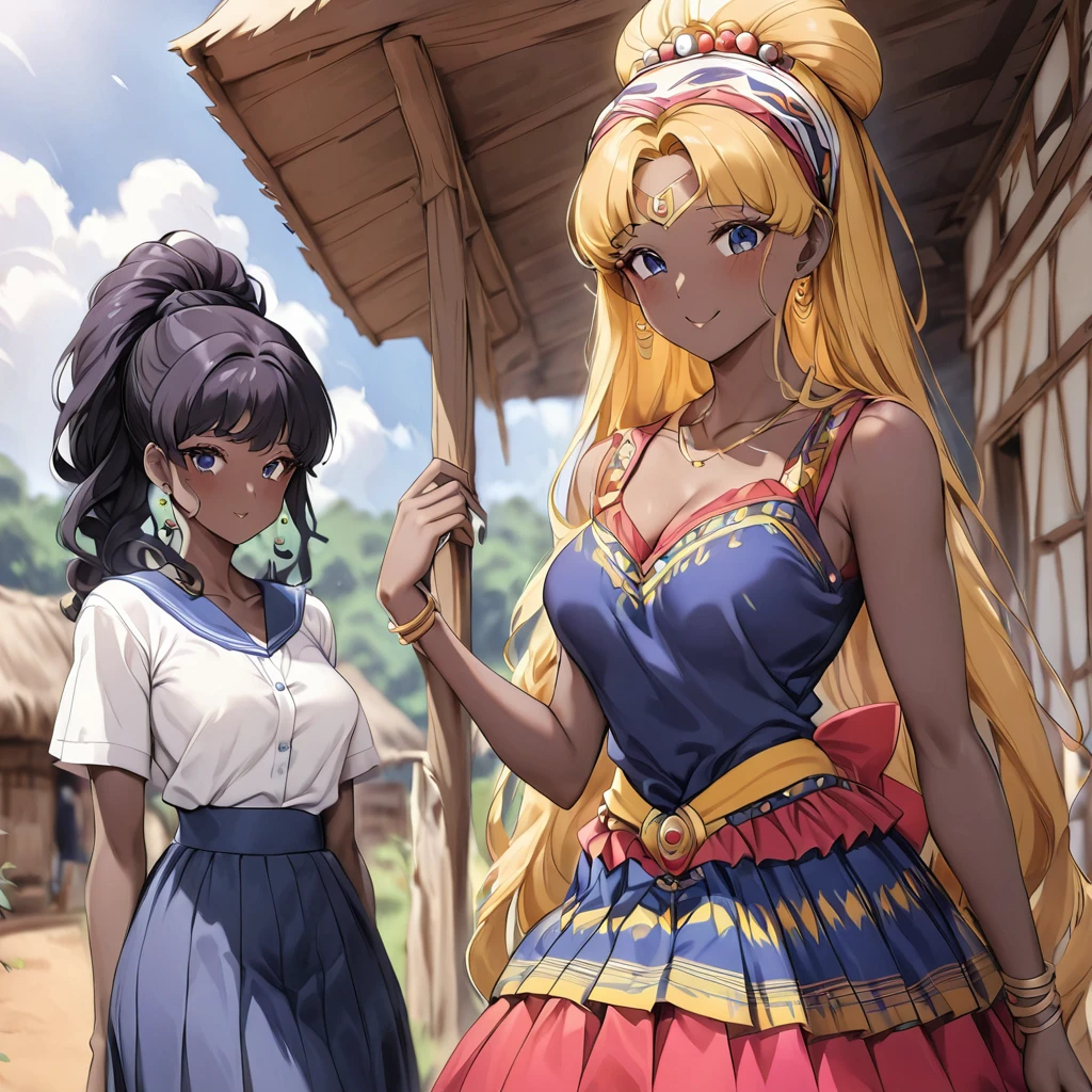 ((Highest quality)), ((masterpiece)), (detailed), （Perfect Face）、The woman is a Ghanaian born Tsukino Usagi with a vivid dark skin, black by birth, and is wearing a colorful Ghanaian dress from a Ghanaian village, a colorful turban head scarf, gorgeous jeweled accessories, and an engagement ring.、The woman is the elegant Tsukino Usagi, with short, black afro-like hair and natural curls, wearing a colorful Ghanaian dress and a colorful turban headscarf, with vivid dark brown skin, and is a natural black and Ghanaian by birth.、（The woman is a black Ghanaian with vivid dark brown skin.）、The woman is spending time with other village girls in her village in Ghana.