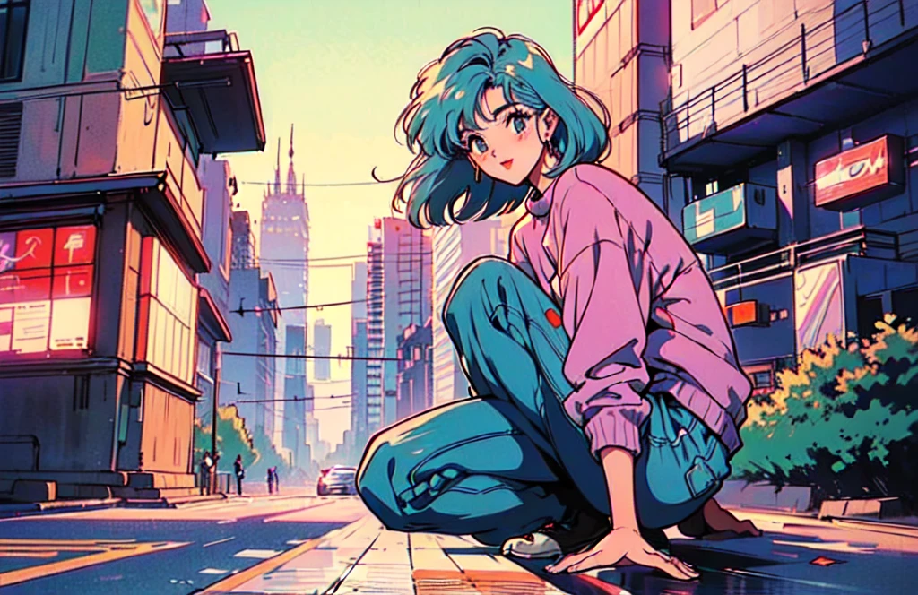 (80's, retro, city pop:1.5), (album cover), (masterpiece, best quality), (anime, illustration), (pastel colors:1.4), 
best photo pose, dynamic angle,Light blue hair color rather than white,
girl, solo, smile, perfect detail eyes, delicate face,
City Scenes, night city, tokyo, high fashion, 