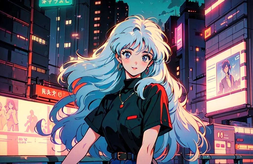 (80's, retro, city pop:1.5), (album cover), (masterpiece, best quality), (anime, illustration), (pastel colors:1.4),
best photo pose, dynamic angle,Light blue hair color rather than white,
girl, solo, smile, perfect detail eyes, delicate face,
City Scenes, night city, tokyo, high fashion,