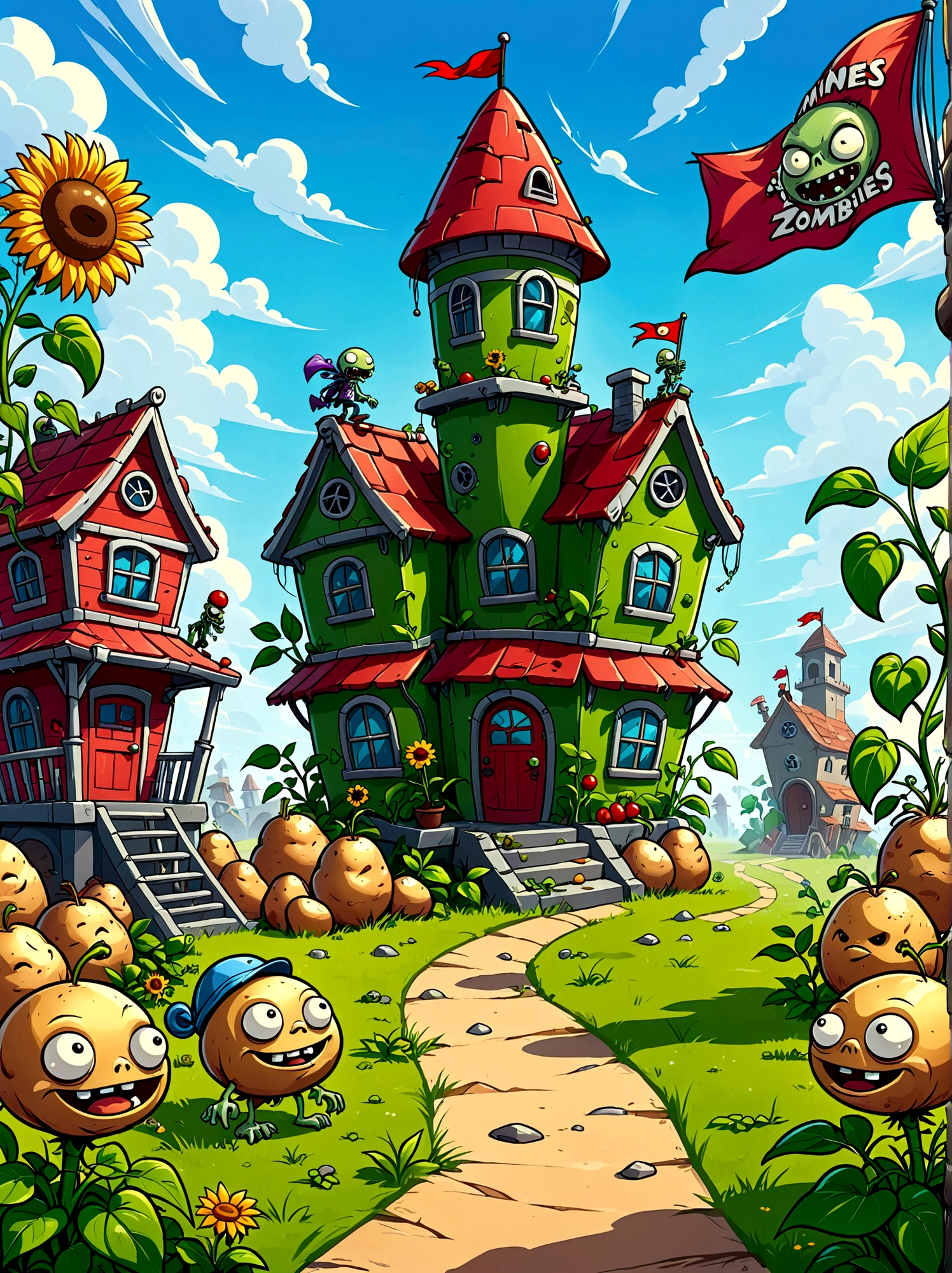 A screen shot showing a gaming video on the popular video-sharing platform，The game being played is a vivid fictional action-adventure game Plants vs. Zombies，背景是一个充满Various strange plants and zombies的详细幻想世界，Various strange plants and zombies，Pea shooter，((Potato Mine))，Cherry Bomb(Cherry Bomb), sunflower，Chomper，(Gatling Pea)，(Flag zombies)，Plants vs. Zombies game screen image，Strategy tower defense game，Colorful plants and zombies，Vivid colors，Bright and cheerful mood，Cartoon Style，Detailed background，Immersive game scene，Wide landscape perspective，Playful and whimsical design