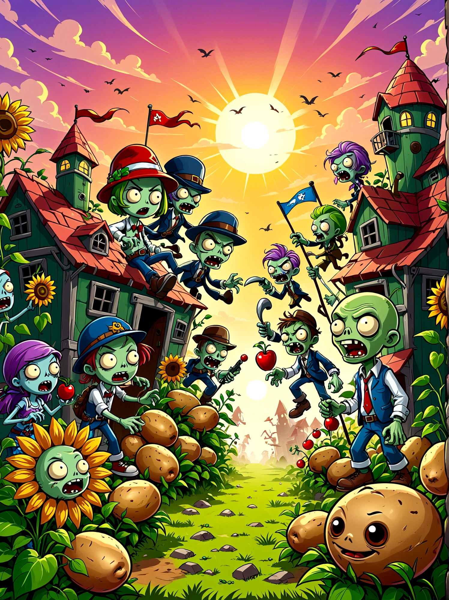 A screen shot showing a gaming video on the popular video-sharing platform,The game being played is a vivid fictional action-adventure game Plants vs. Zombies,背景是一个充满Various strange plants and zombies的详细幻想世界,Various strange plants and zombies,Pea shooter,((Potato Mine)),Cherry Bomb(Cherry Bomb), sunflower,Chomper,(Gatling Pea),(Flag zombies),Plants vs. Zombies game screen image,Strategy tower defense game,Colorful plants and zombies,Vivid colors,Bright and cheerful mood,Cartoon Style,Detailed background,Immersive game scene,Wide landscape perspective,Playful and whimsical design