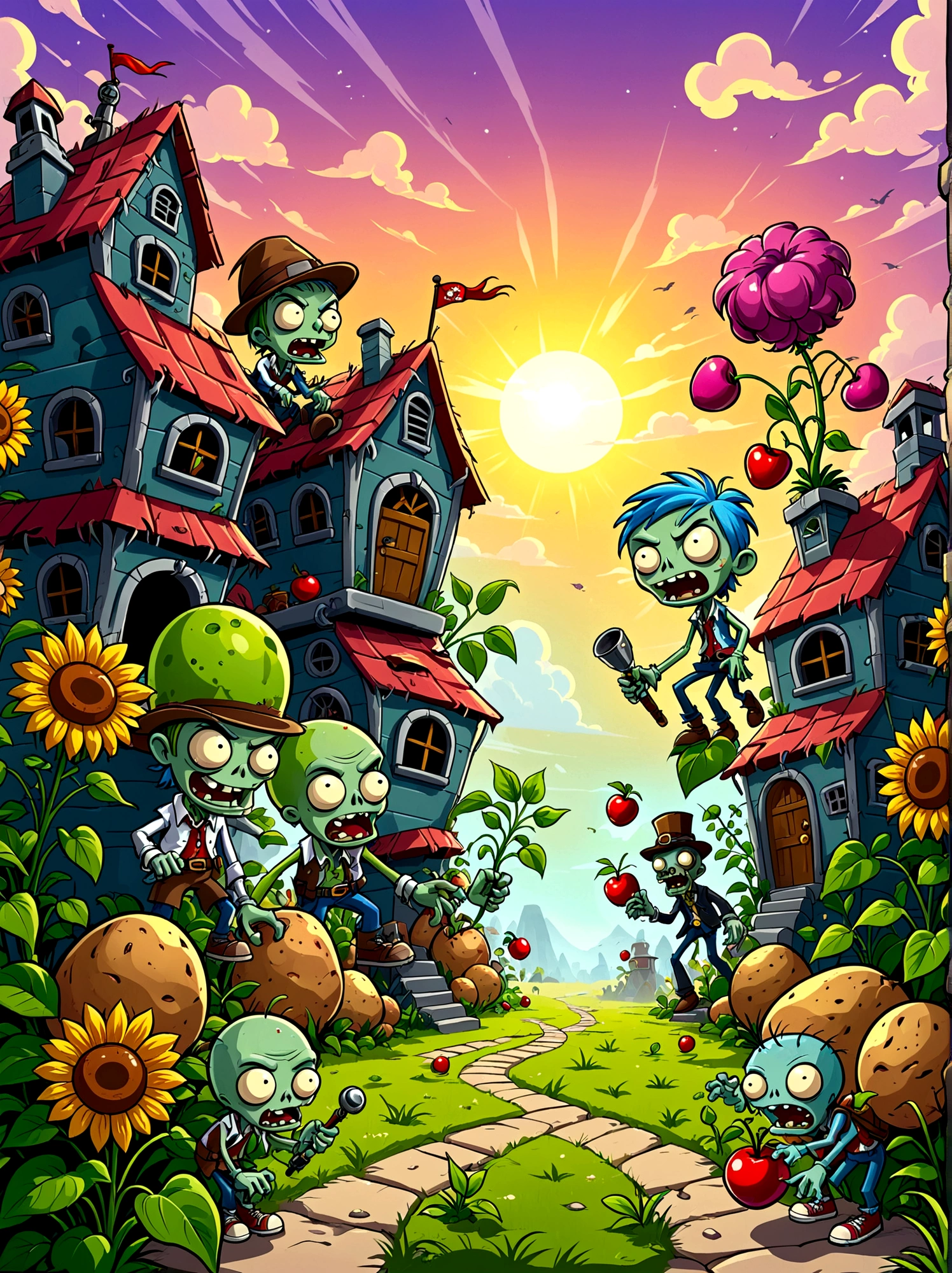 A screen shot showing a gaming video on the popular video-sharing platform，The game being played is a vivid fictional action-adventure game Plants vs. Zombies，背景是一个充满Various strange plants and zombies的详细幻想世界，Various strange plants and zombies，Pea shooter，((Potato Mine))，Cherry Bomb(Cherry Bomb), sunflower，Chomper，(Gatling Pea)，(Flag zombies)，Plants vs. Zombies game screen image，Strategy tower defense game，Colorful plants and zombies，Vivid colors，Bright and cheerful mood，Cartoon Style，Detailed background，Immersive game scene，Wide landscape perspective，Playful and whimsical design