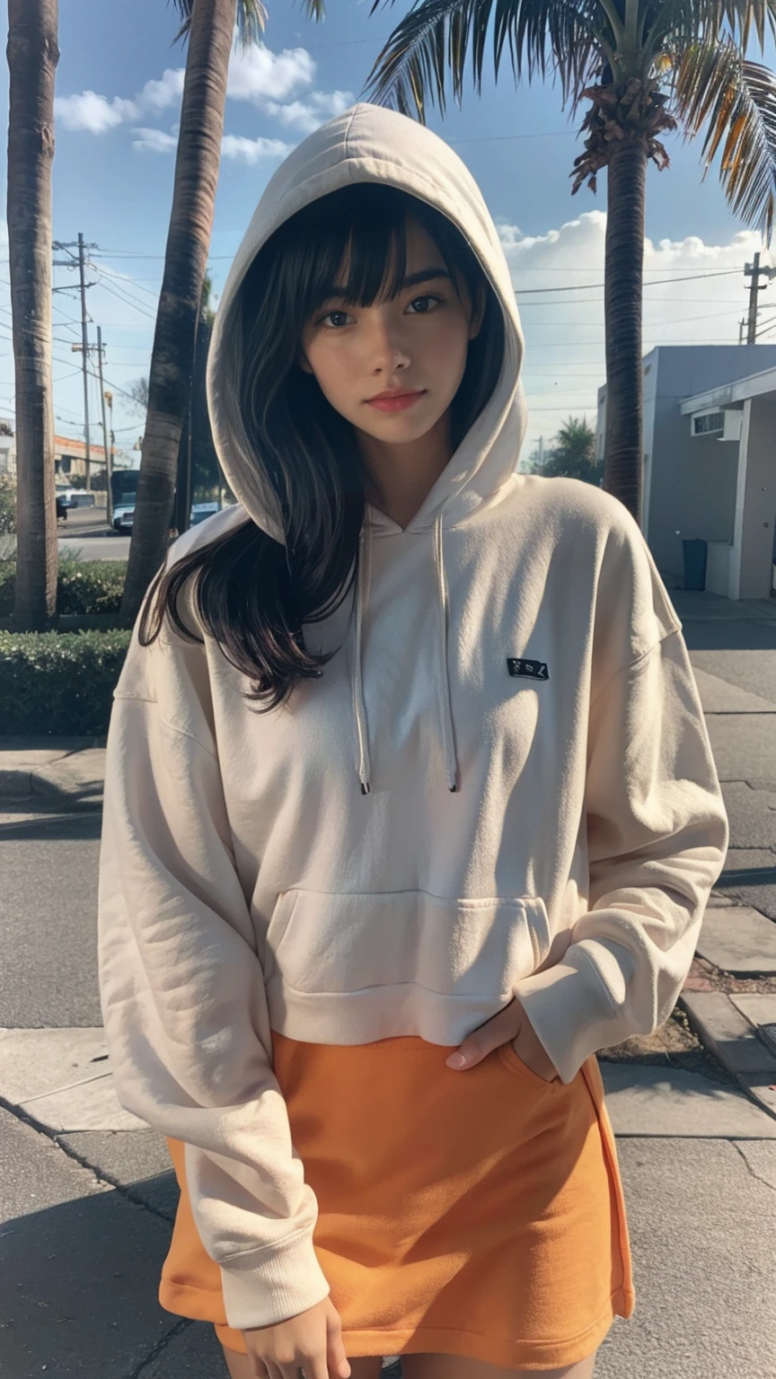 Fujifilm XT3,1 girl ,little smile and joy,close up photo, wear (((color orange oversized_hoodie))), wear ((purple tennis skirt)),hands in hoodie pocket,looking front,Best Quality,Masterpiece,Ultra High Resolution,(Realisticity:1.4),Original Photo,light leak,ultra high resolution,UHD,beautiful, (bokeh:1) black bob hair, almond eye, no makeup, in front of (80's mondrian architecture motel), (realistic:1.2), (surreal:1.3), (very detailed:1.1), ((masterpiece)),summer, blue sky, palm trees,sunny, los angles vibes