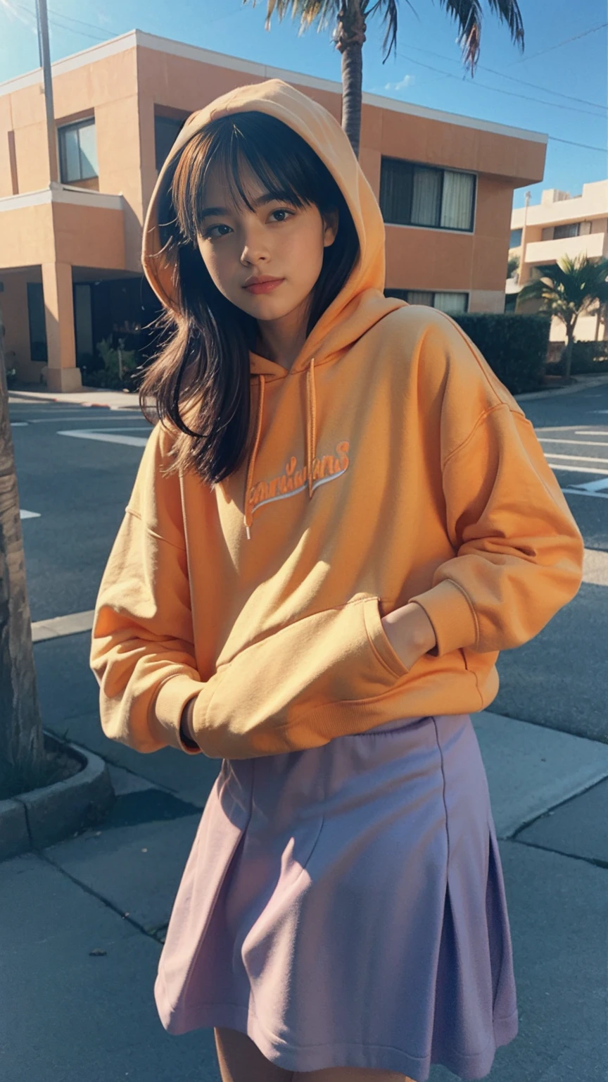 Fujifilm XT3,1 girl ,little smile and joy,close up photo, wear (((color orange oversized_hoodie))), wear ((purple tennis skirt)),hands in hoodie pocket,looking front,Best Quality,Masterpiece,Ultra High Resolution,(Realisticity:1.4),Original Photo,light leak,ultra high resolution,UHD,beautiful, (bokeh:1) black bob hair, almond eye, no makeup, in front of (80's mondrian architecture motel), (realistic:1.2), (surreal:1.3), (very detailed:1.1), ((masterpiece)),summer, blue sky, palm trees,sunny, los angles vibes