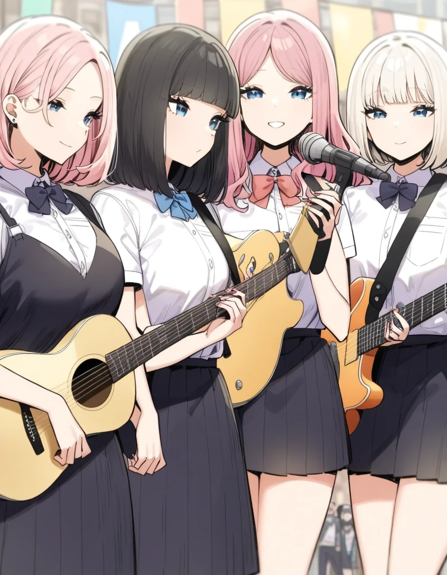 masterpiece, City Pop Style, Three-person band group, Tao has pink hair, a fluffy bob cut, and is playing a guitar., Jane has long white hair down to her waist and is the vocalist., Sayaka has shoulder-length black hair and is a drummer., School festival, Retro, Vintage, A light smile