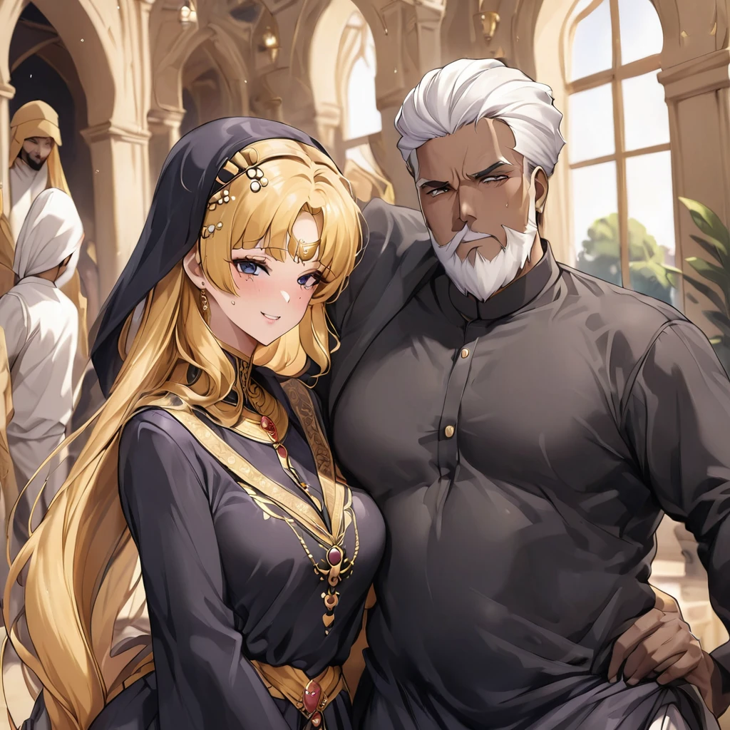 ((Highest quality)), ((masterpiece)), (detailed), （Perfect Face）、The woman is a devout Muslim Tsukino Usagi, an Arab with vivid brown skin, and is wearing a gorgeous black abaya with gold embroidery in a luxurious Islamic mansion, a gorgeous black hijab and niqab, a gorgeous hair ornament, gorgeous jeweled accessories and an engagement ring, and the man and woman are in a luxurious palace, and the woman is embracing a dignified, bearded, middle-aged Arab Muslim man wearing Arab national dress.、The woman is the elegant Tsukino Usagi, with long blonde hair in a chignon twin tail, wearing a black abaya, a gorgeous black hijab and niqab, and a devout Muslim, bright brown-skinned Arab woman.、（The woman is a dark-skinned, Arab, devout Muslim named Tsukino Usagi.）、The man is a Muslim, dignified, strong-looking, bearded, middle-aged Arab man wearing traditional Arab clothing.