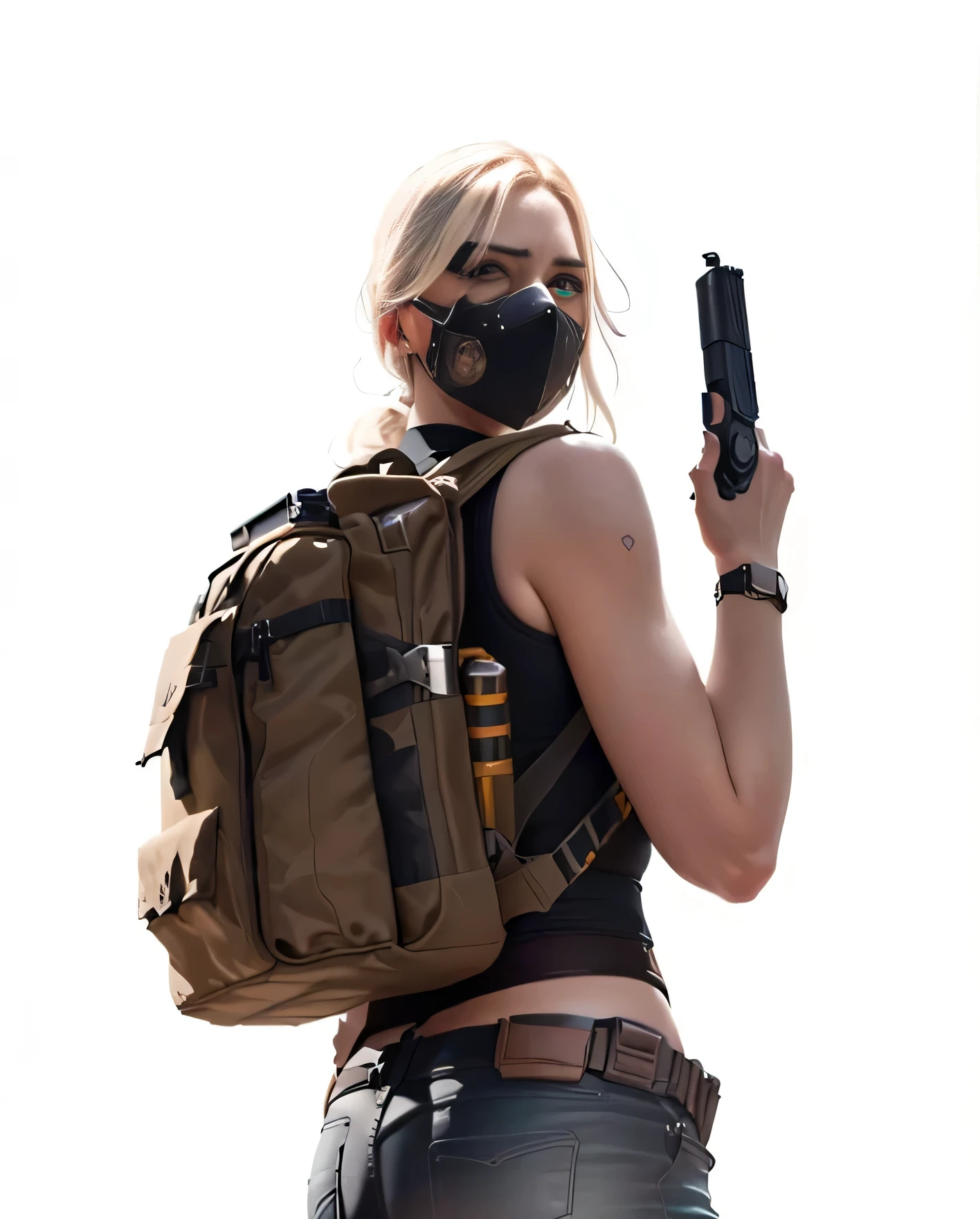 a woman holding a gun, backpack, pubg, detailed eyes, detailed face, detailed portrait, highly detailed, hyper realistic, photorealistic, masterpiece, 8k, ultra detailed, intricate details, cinematic lighting, dramatic lighting, moody lighting, dark and gritty, action scene, intense, tense, suspenseful, strong contrast, vibrant colors, gritty, grounded in reality, atmospheric, dramatic pose, powerful, imposing, commanding presence