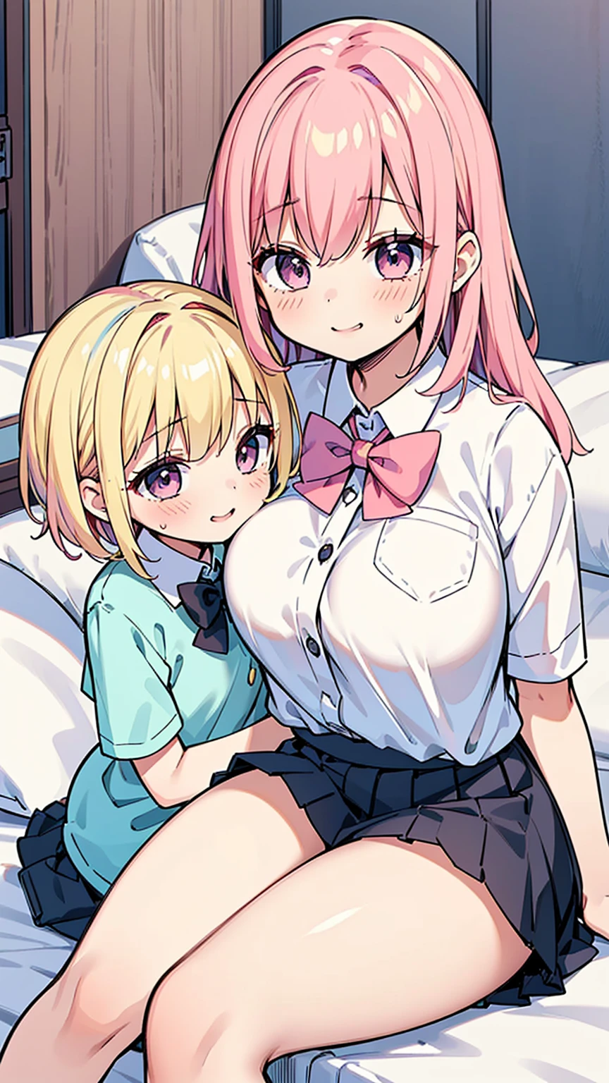 masterpiece, Highest quality, so beautiful, Absurd,High resolution,One girl, ((((One boy)))),Cuddling in bed, like,sexy,Look at each one, blush,Age difference,bow tie,Blonde,chest,Long Hair,Pink Hair,pleated skirt,Tucked in shirt,short hair,skirt,smile,Tent shirt