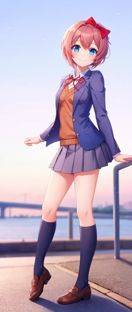 one girl, Sayori, DDLC, school blazer, hair bow, close to girl, too gentle, blue eyes, she is always smiling, full body, lovely pose