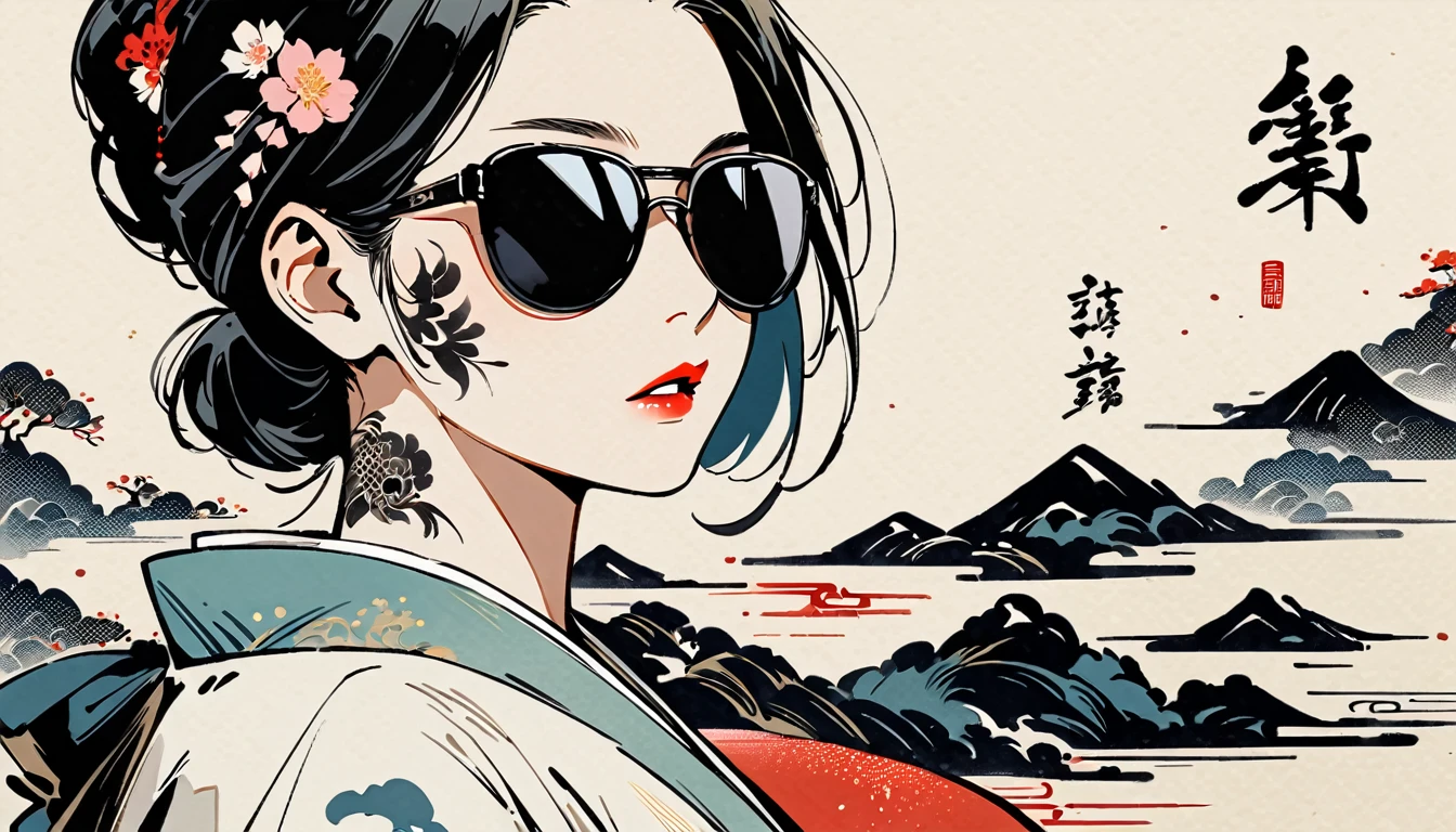 Ink Painting, (((1 girl))), (((Tattoo on face))), (((sunglasses))), Japanese style headphones, beautiful girl, Black Hair, Delicate and precise, Modern ukiyo-e style, black