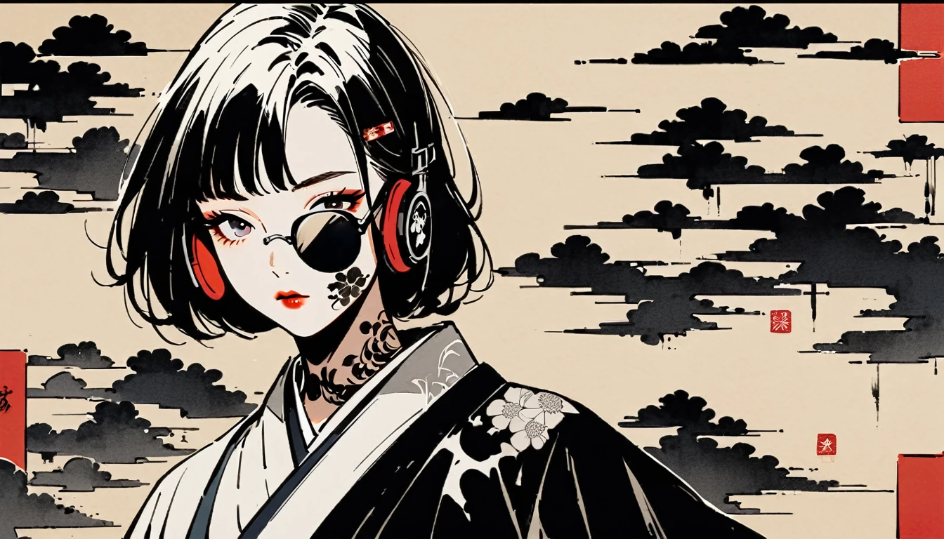 Ink Painting, (((1 girl))), (((Tattoo on face))), (((sunglasses))), Japanese style headphones, beautiful girl, Black Hair, Delicate and precise, Modern ukiyo-e style, black