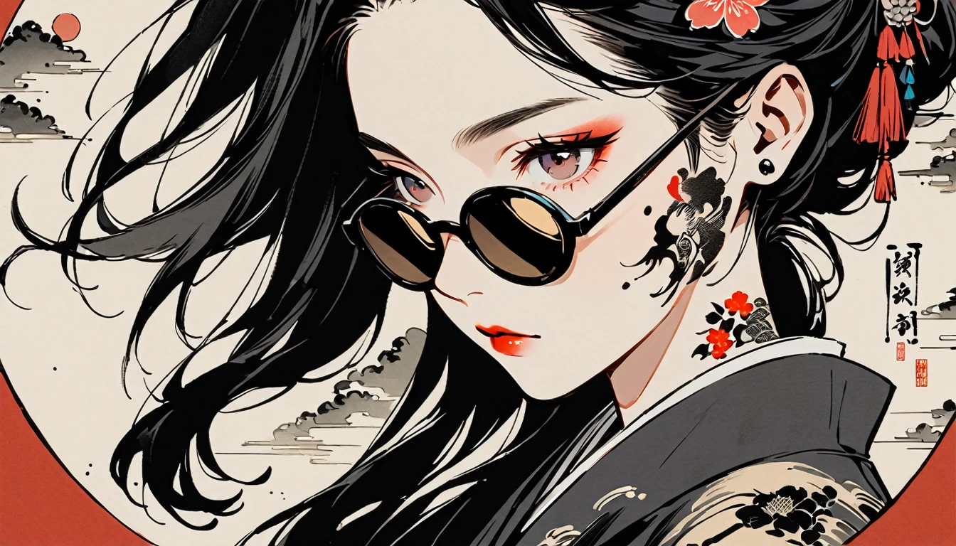 Ink Painting, (((1 girl))), (((Tattoo on face))), (((sunglasses))), Japanese style headphones, beautiful girl, Black Hair, Delicate and precise, Modern ukiyo-e style, black